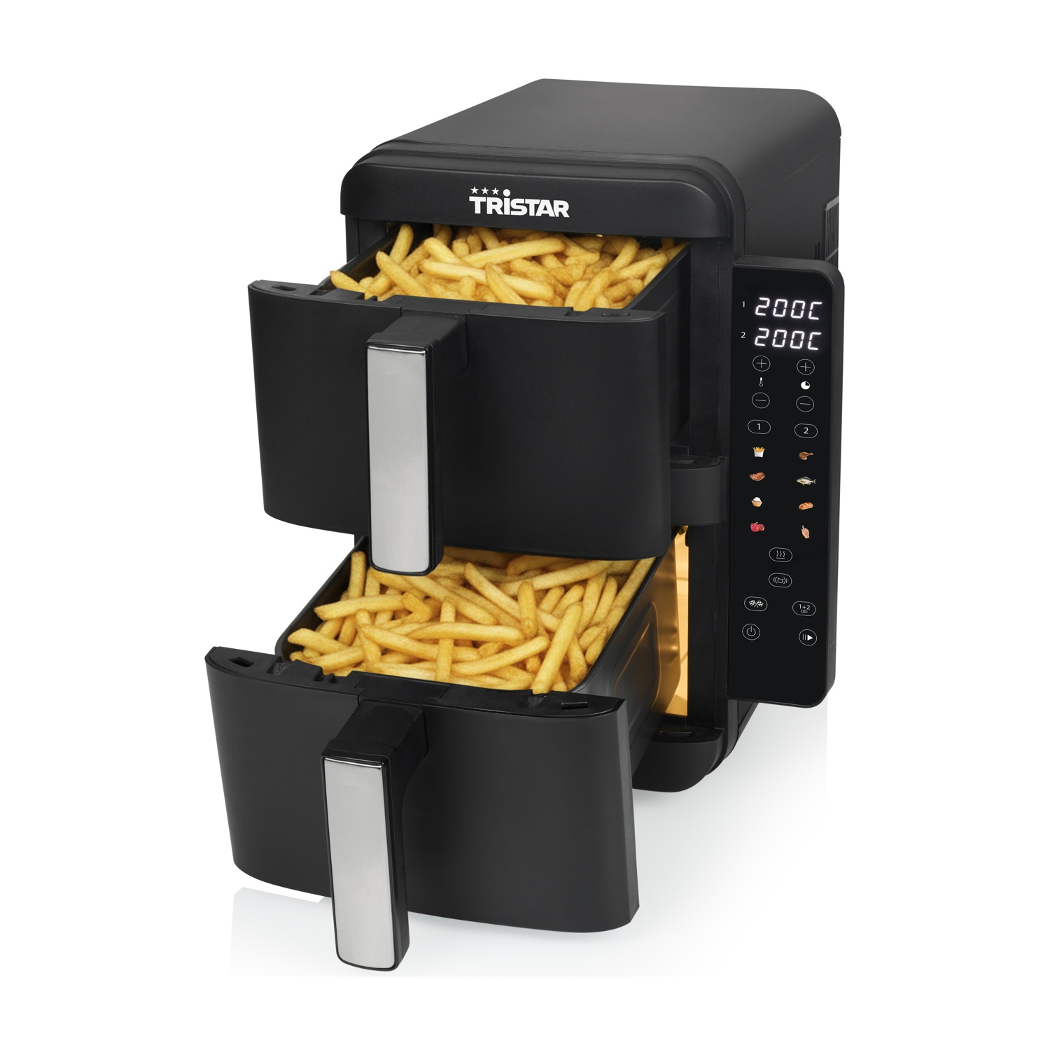 Friggitrice ad aria nera con due cassetti, piena di patatine fritte.