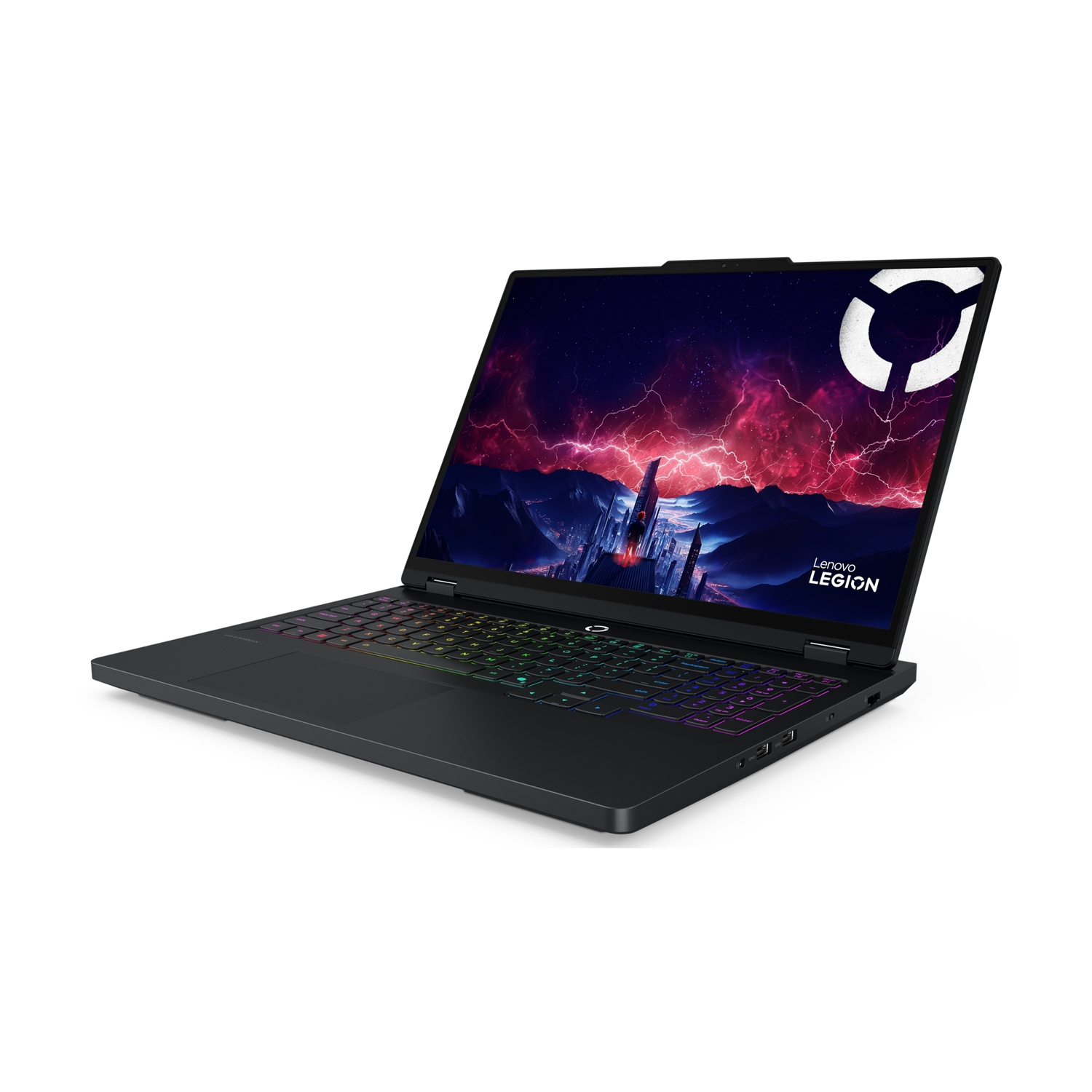 Laptop nero con tastiera illuminata e schermo da gioco con sfondo tempestoso.