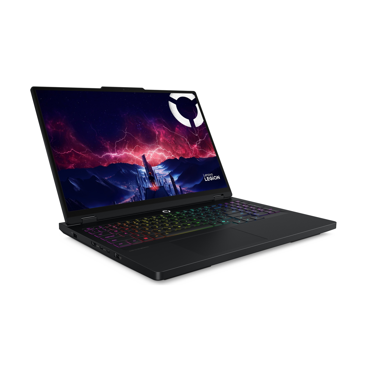 Un laptop nero Lenovo Legion con tastiera retroilluminata e sfondo futuristico.