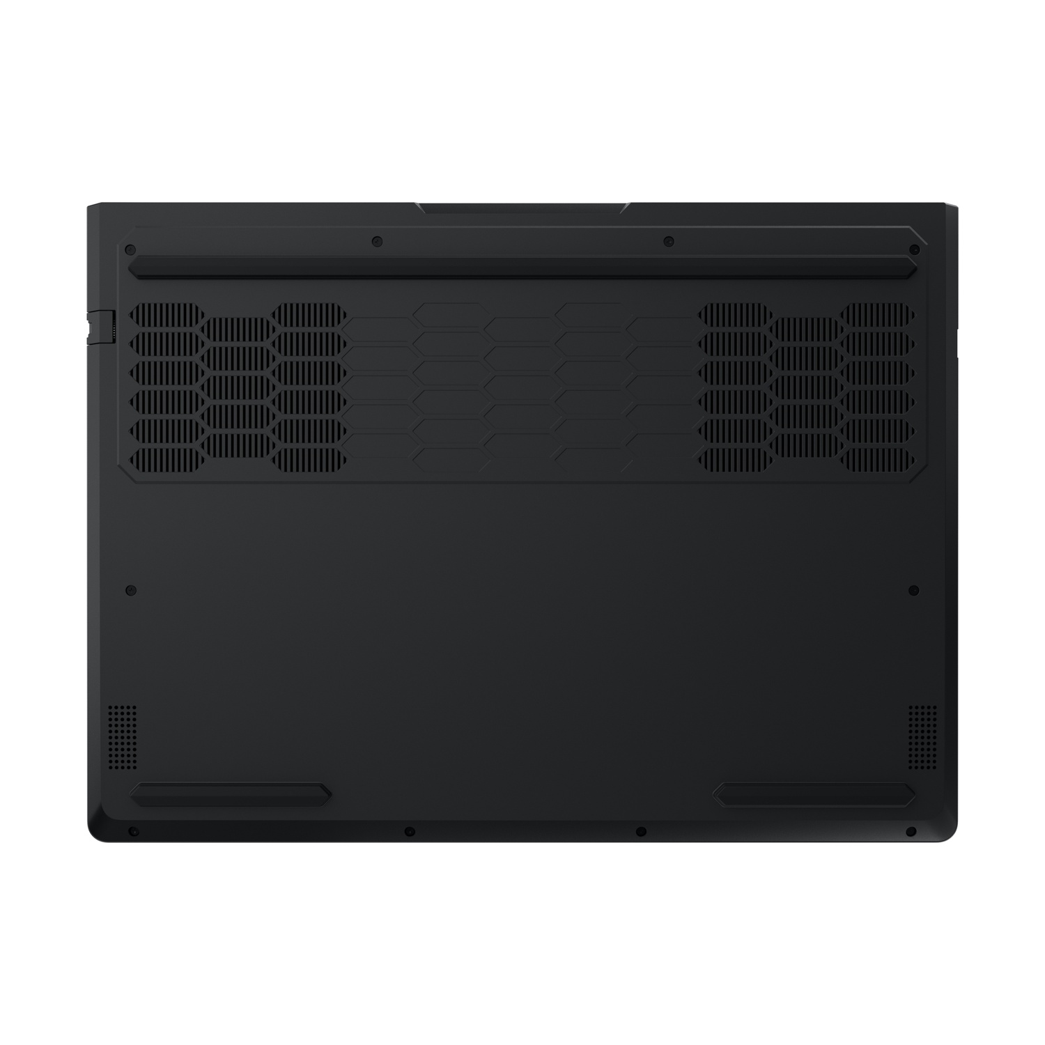 Parte inferiore di un laptop nero con griglie di ventilazione e viti.