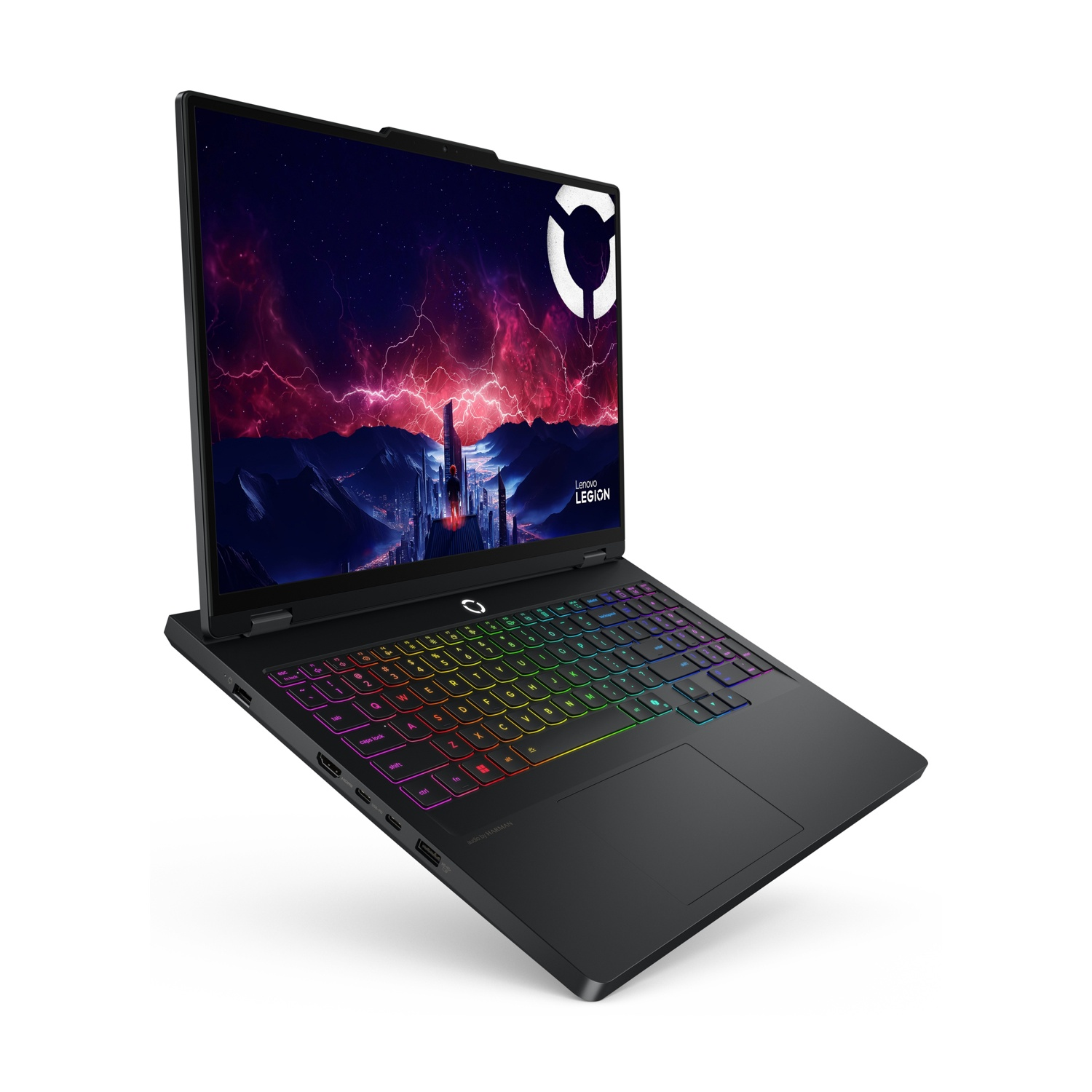 Laptop nero con tastiera illuminata e sfondo futuristico.
