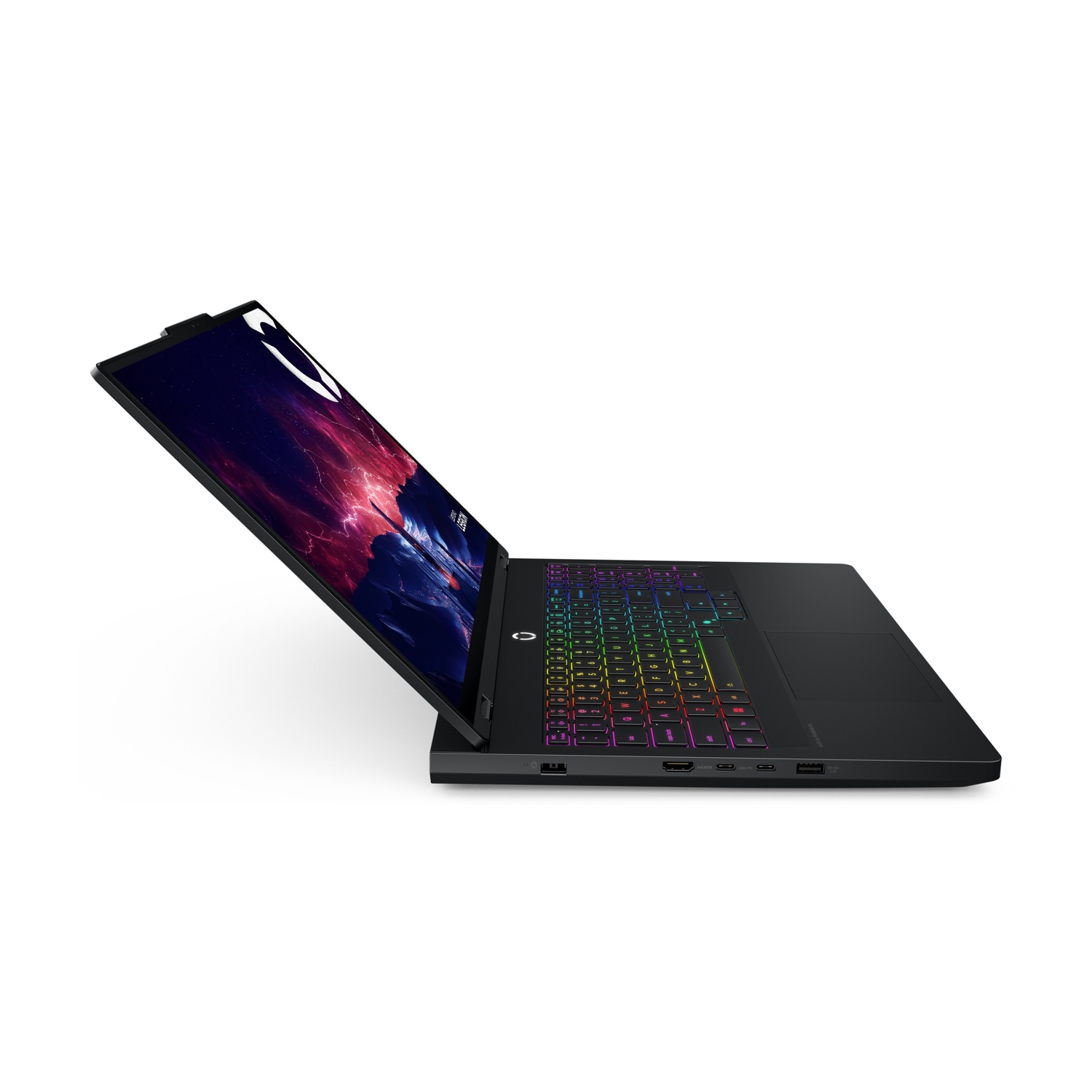 Laptop nero con tastiera illuminata e sfondo colorato.