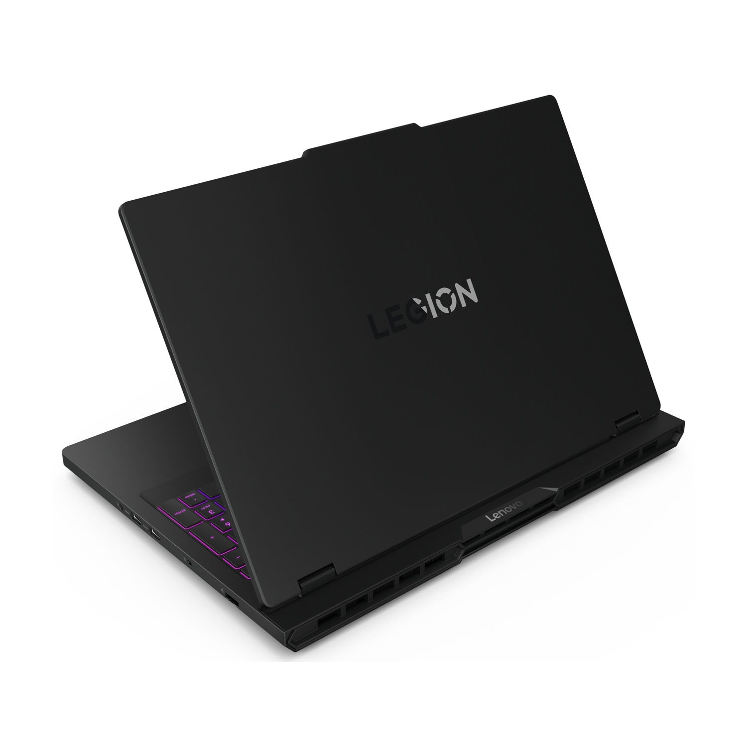 Laptop Lenovo Legion nero con tastiera illuminata, vista angolata su sfondo bianco.