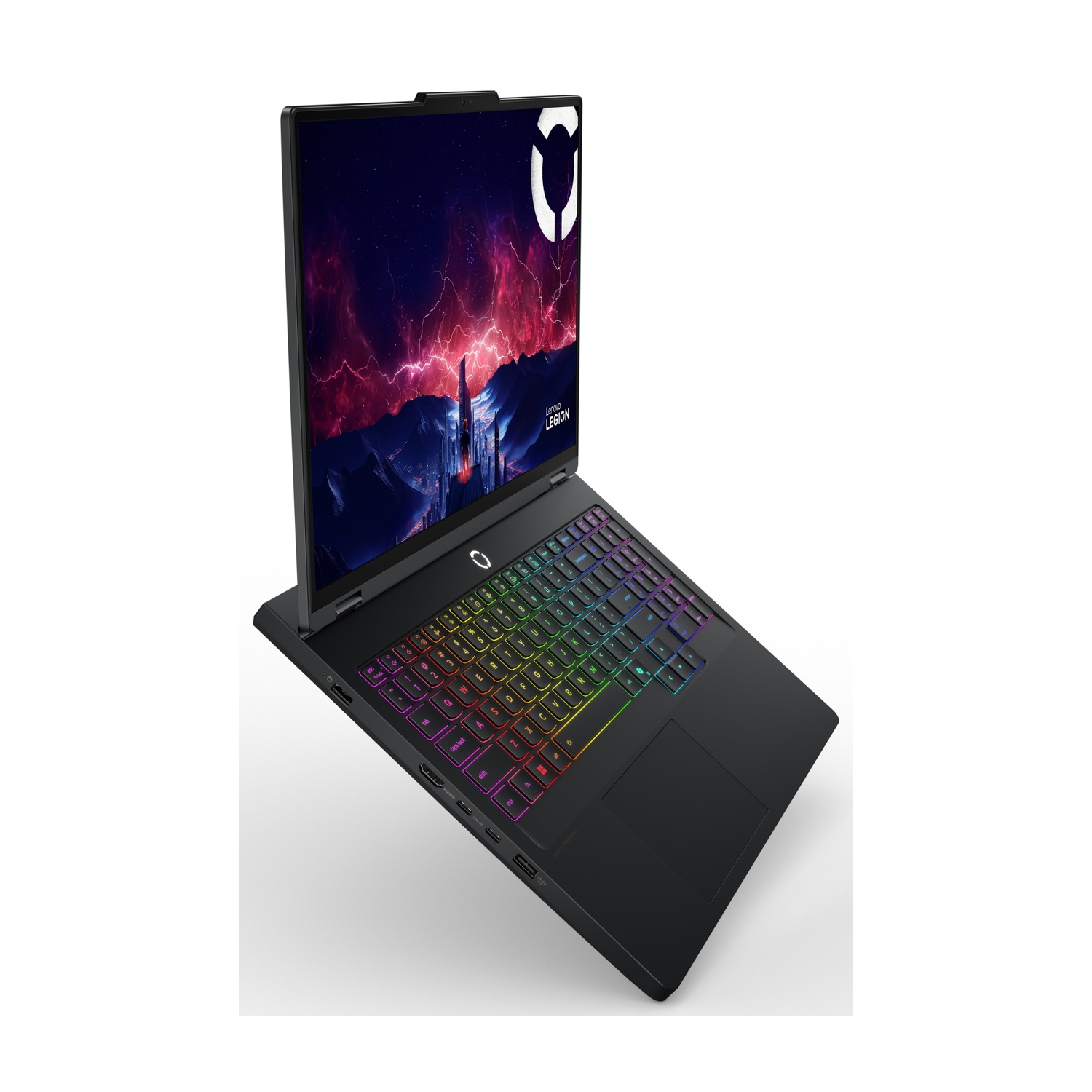Laptop nero con tastiera illuminata e sfondo astratto sullo schermo.