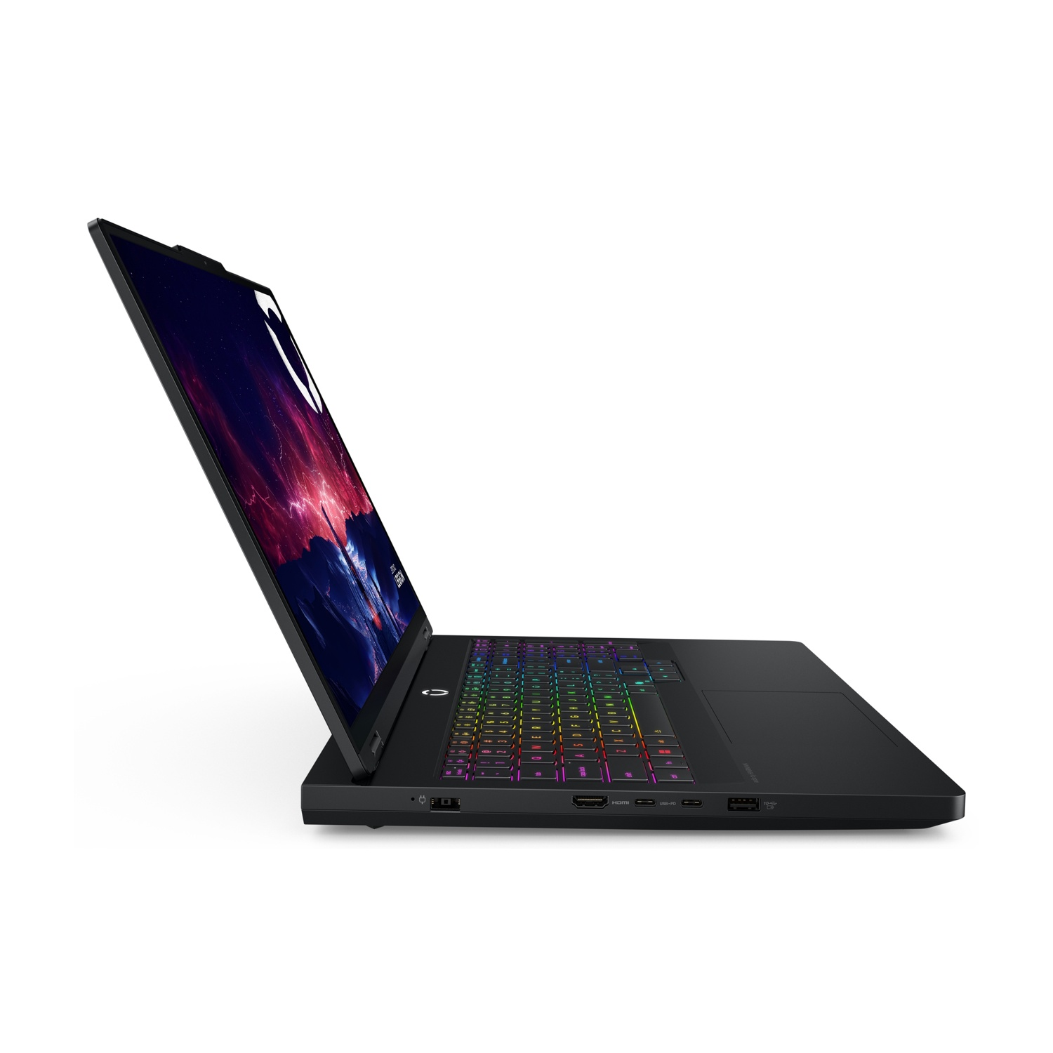 Laptop nero con tastiera RGB e sfondo cosmico sullo schermo.