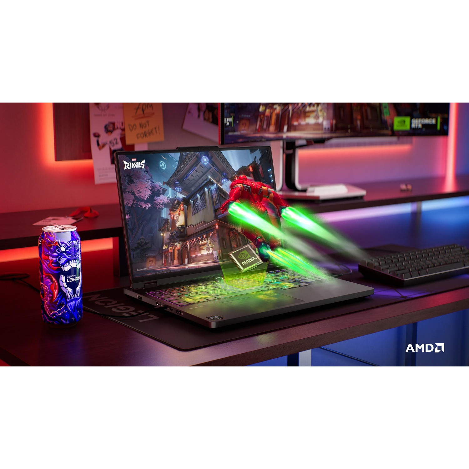 Un laptop da gaming mostra un gioco vivace, con una lattina di bevanda a lato. L'illuminazione colorata esalta la scena.