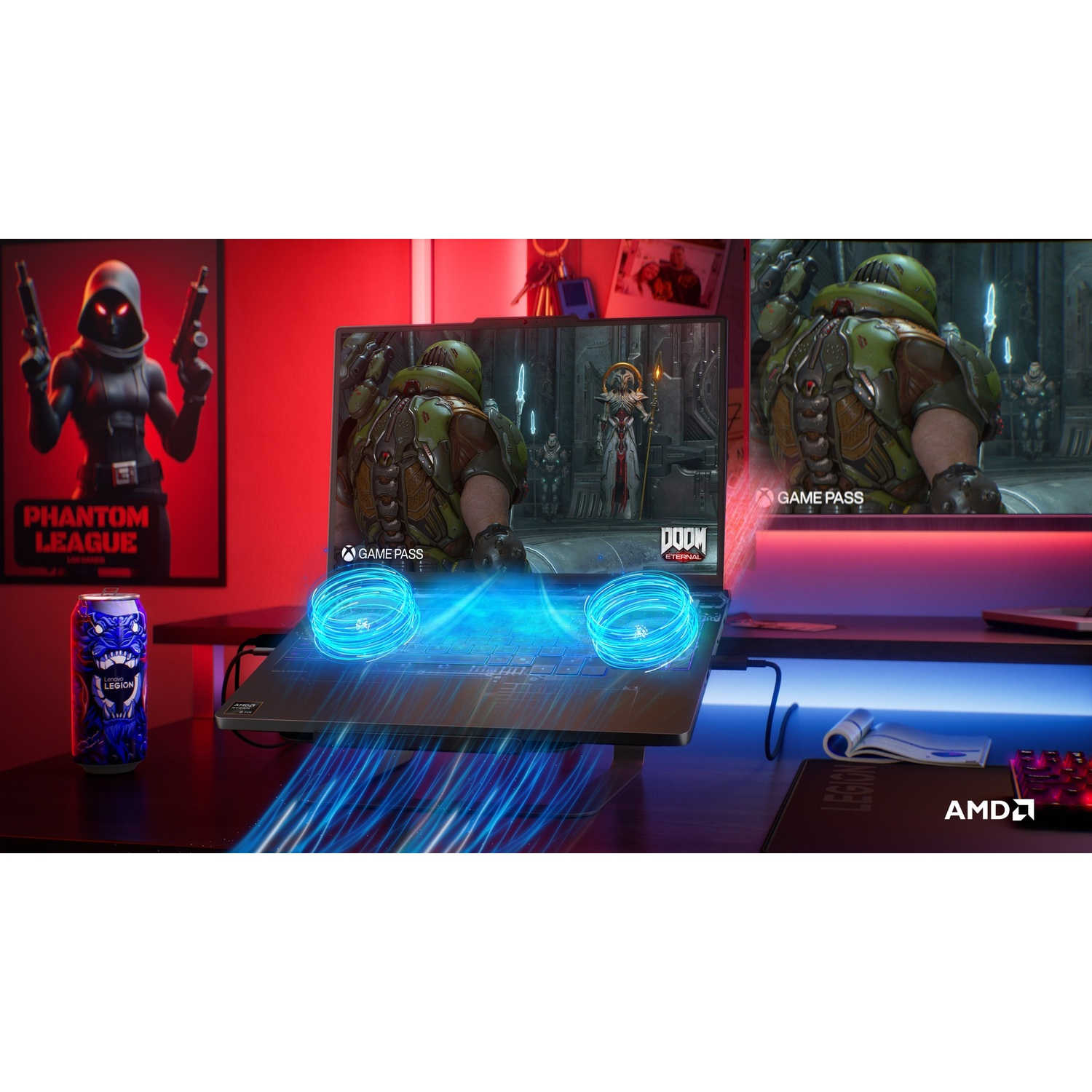 Un laptop da gaming mostra Doom Eternal. Un effetto energetico blu si sprigiona dalla tastiera.