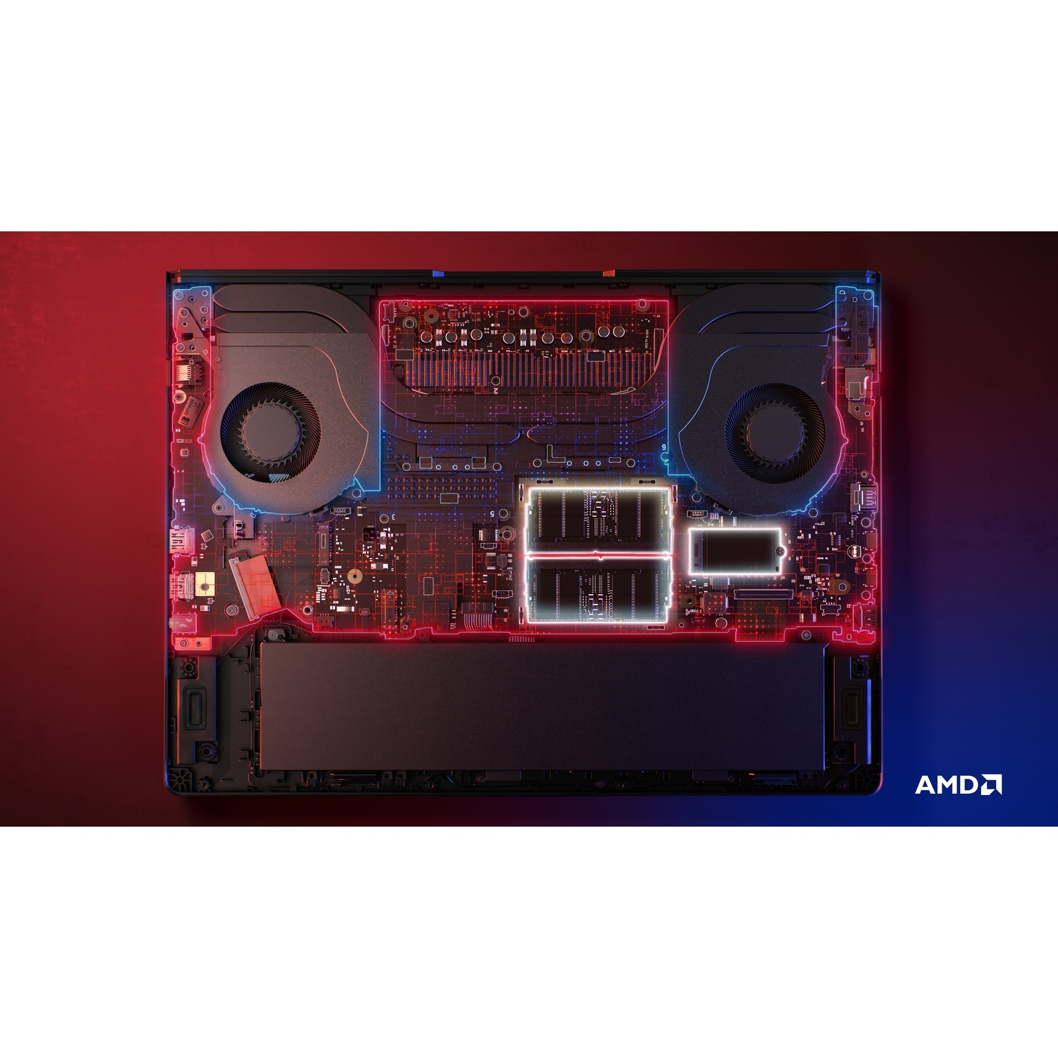 Vista interna del laptop: ventole, schede elettroniche e logo AMD.
