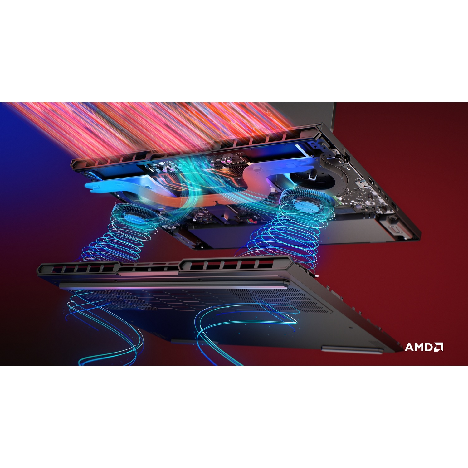 Sistema di raffreddamento laptop con ventole che muovono aria e flussi di calore.