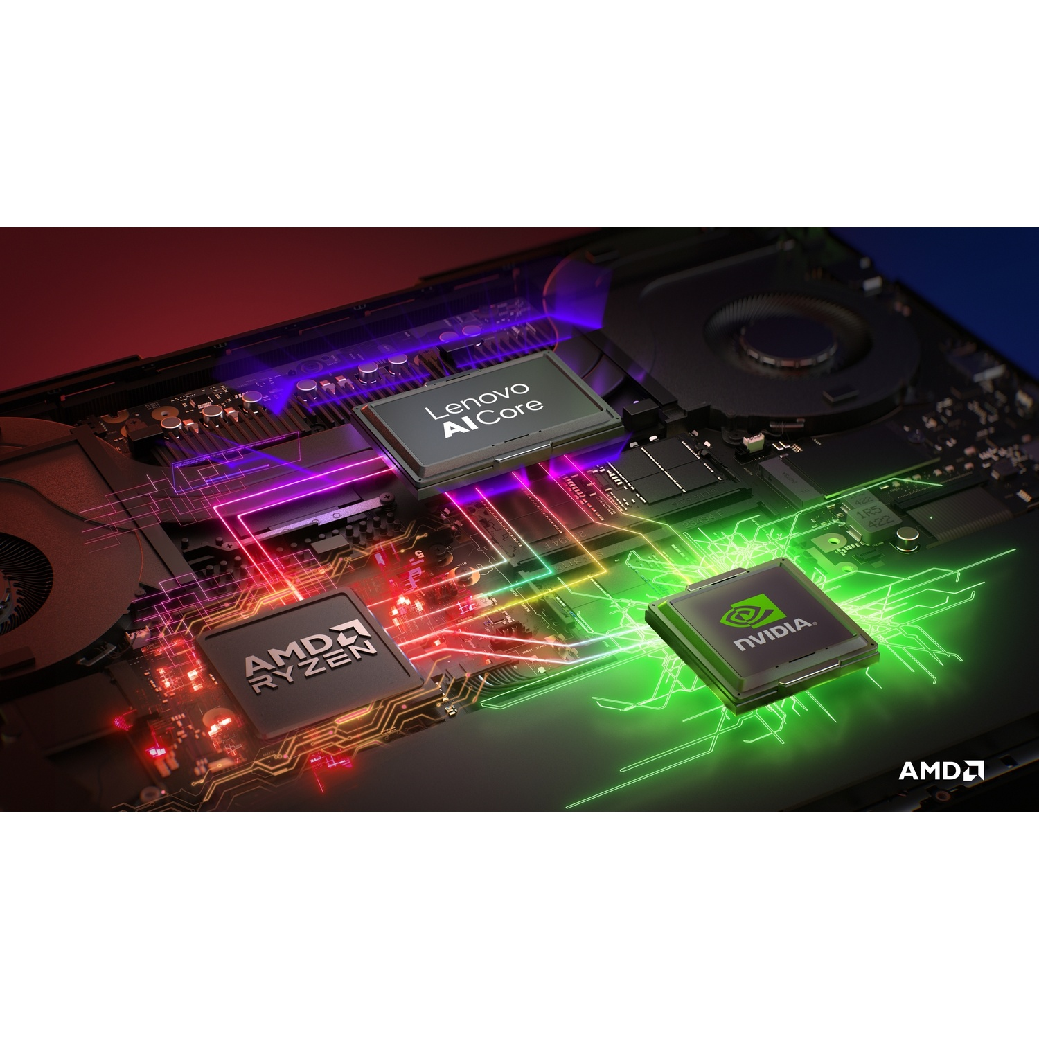 Primo piano di una scheda madre per computer con chip Lenovo AI Core, AMD Ryzen e NVIDIA.
