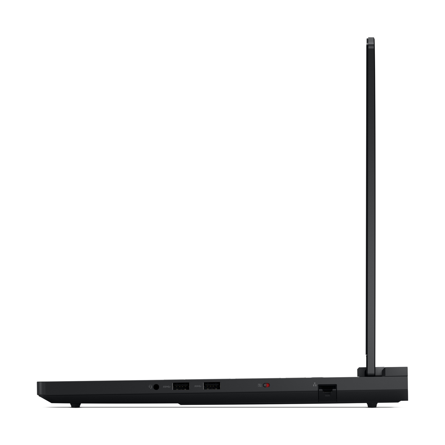 Laptop nero di profilo con schermo verticale, che mostra le porte laterali.
