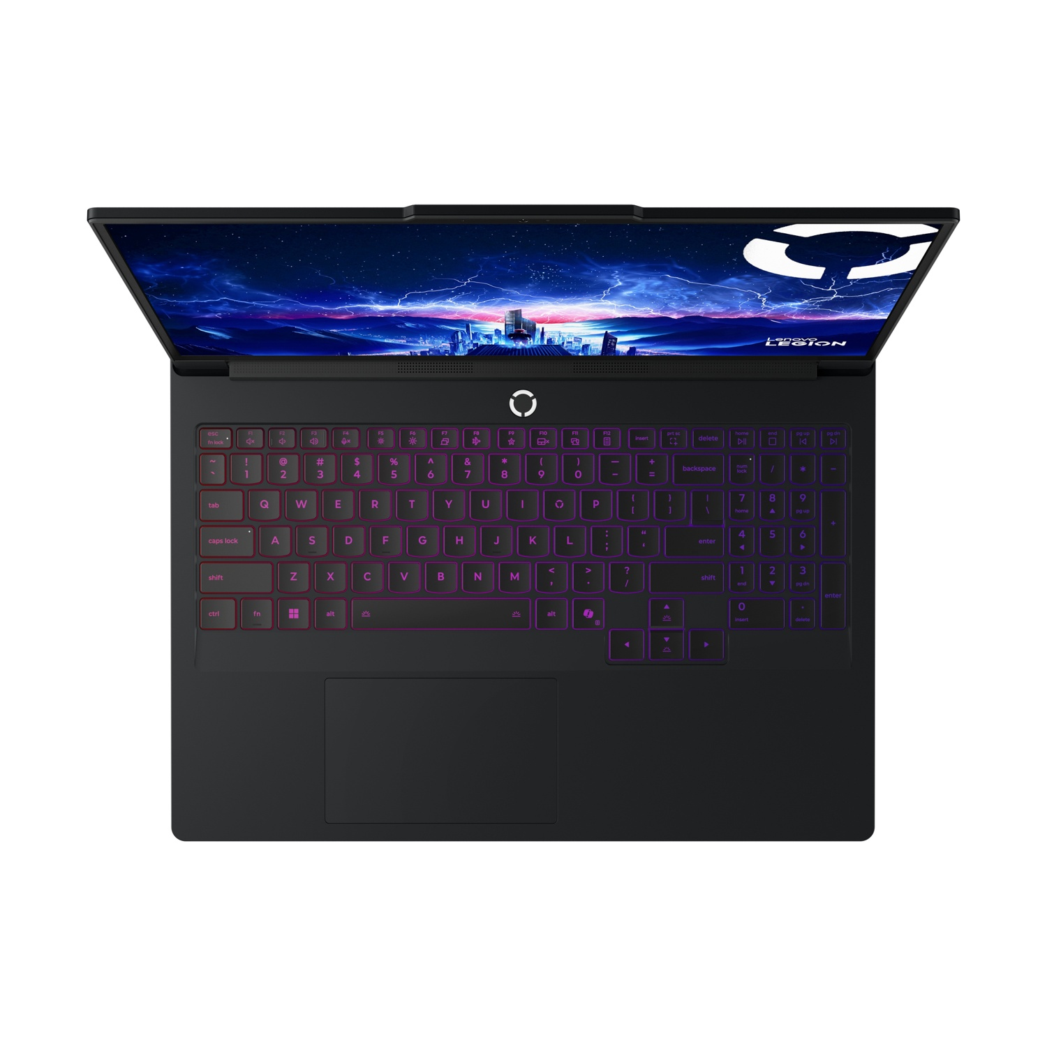 Un laptop nero aperto con tastiera retroilluminata e sfondo cosmico.