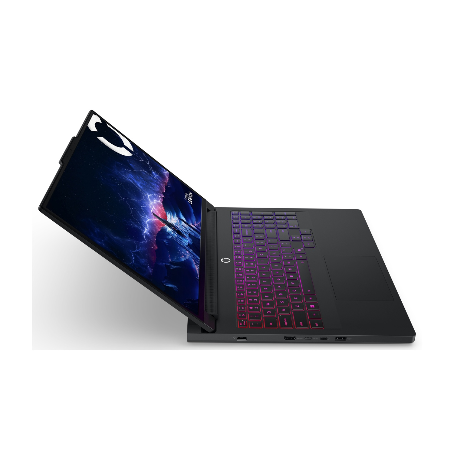 Laptop nero con tastiera illuminata e sfondo cosmico.