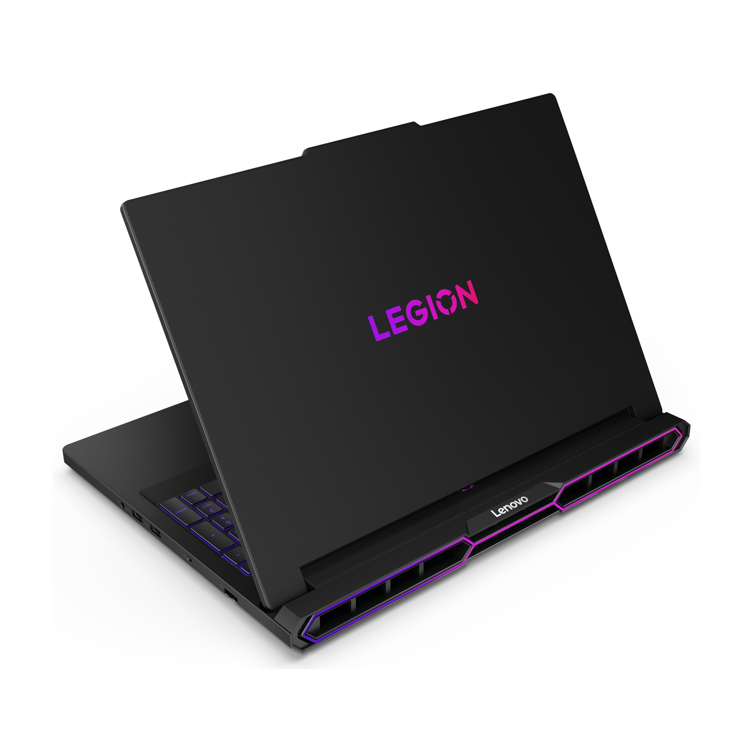Laptop nero Lenovo Legion con illuminazione viola sul coperchio e sulle ventole.