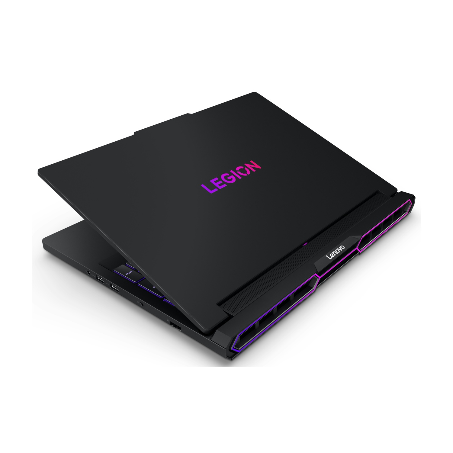 Laptop nero con loghi 'LEGION' e 'Lenovo' luminosi.