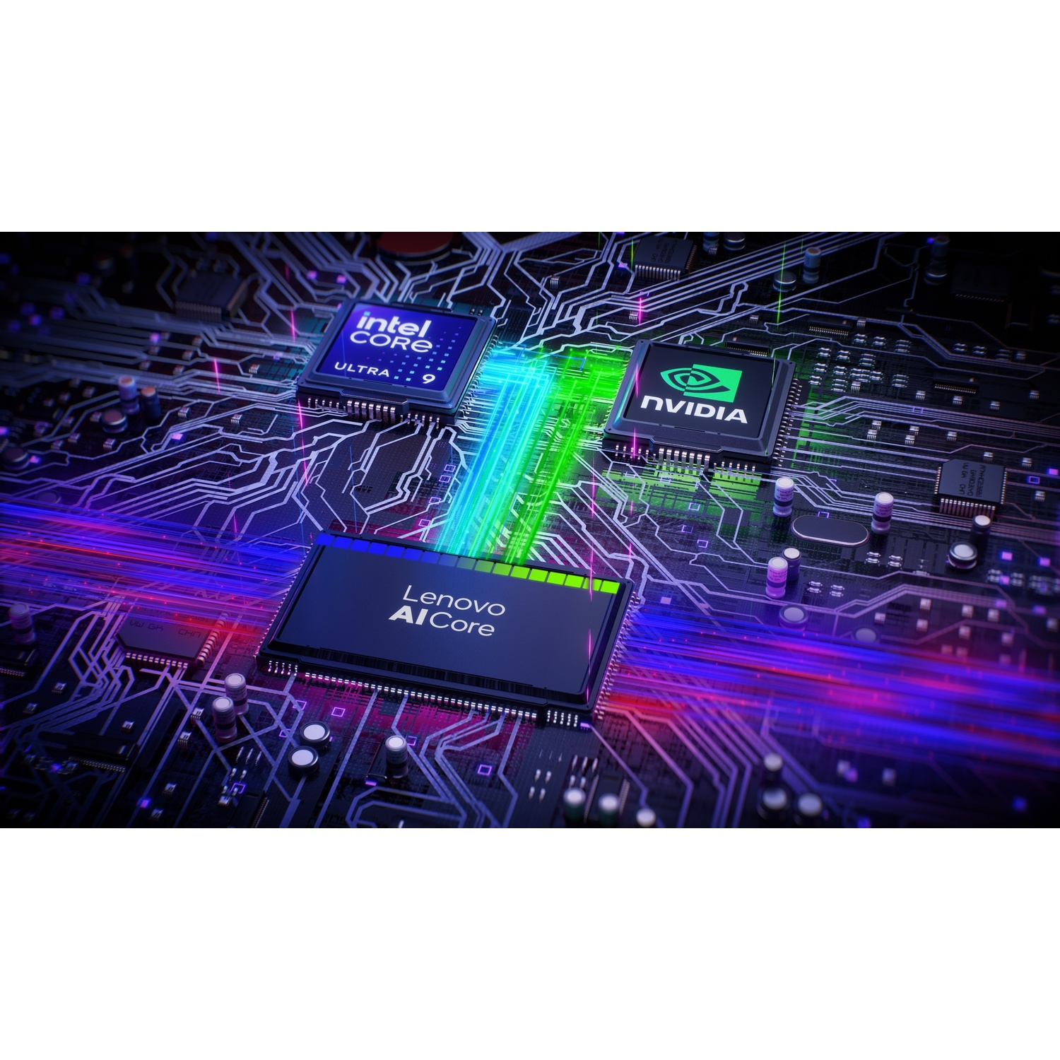 Un chip Intel Core Ultra 9, Nvidia e Lenovo AI Core su un circuito stampato.