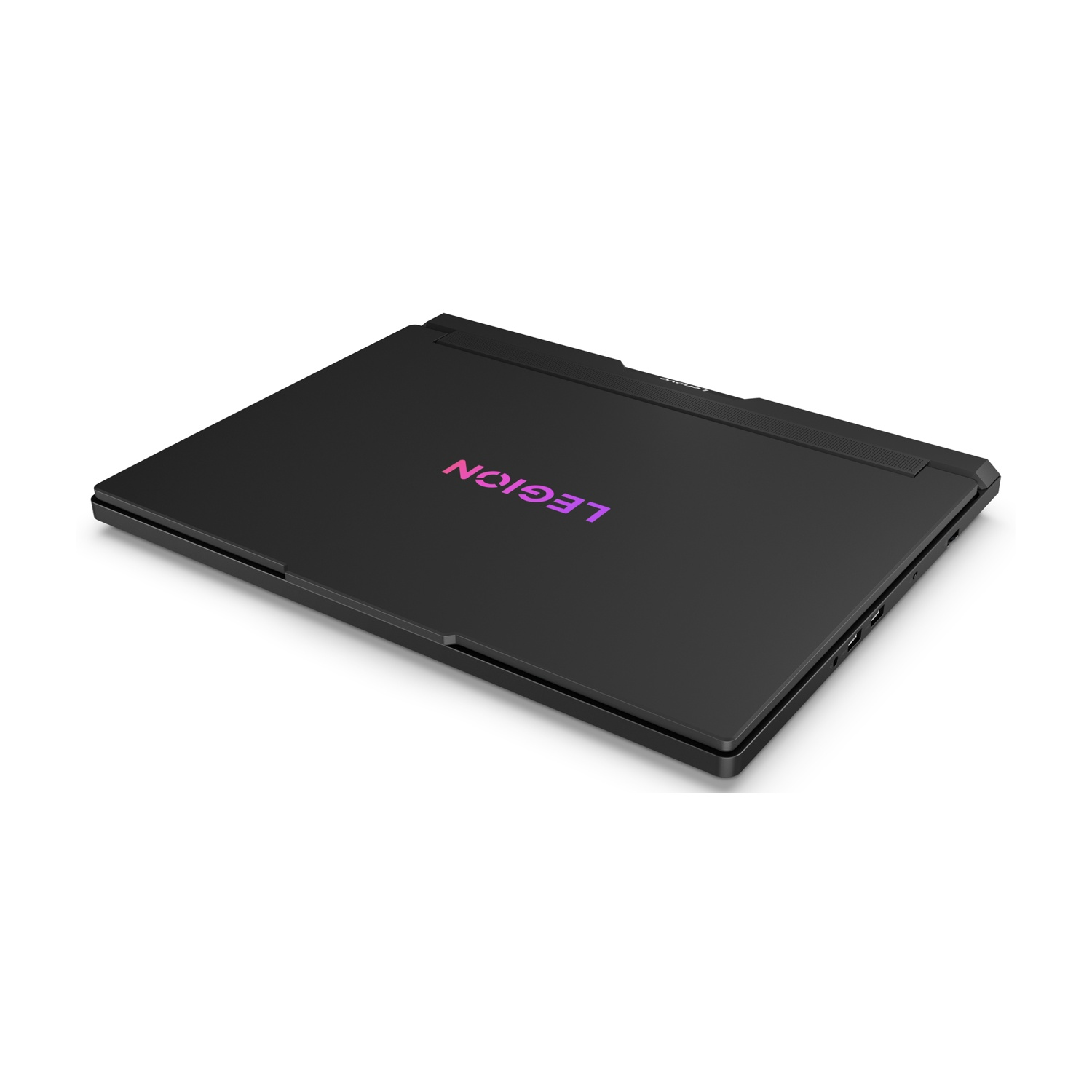 Un laptop nero chiuso con logo viola sul coperchio.