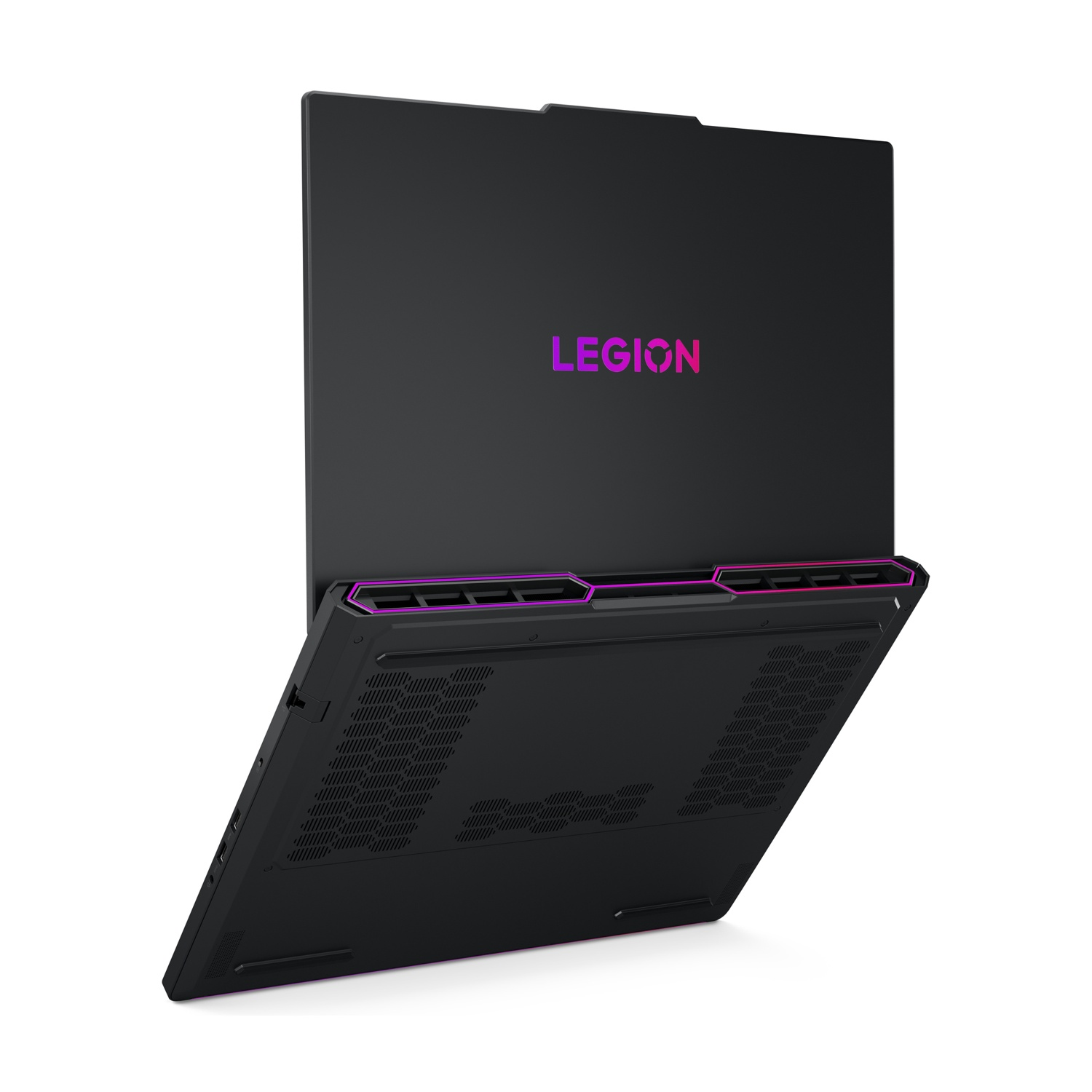 Laptop nero con accenti viola, logo "Legion" sul coperchio.