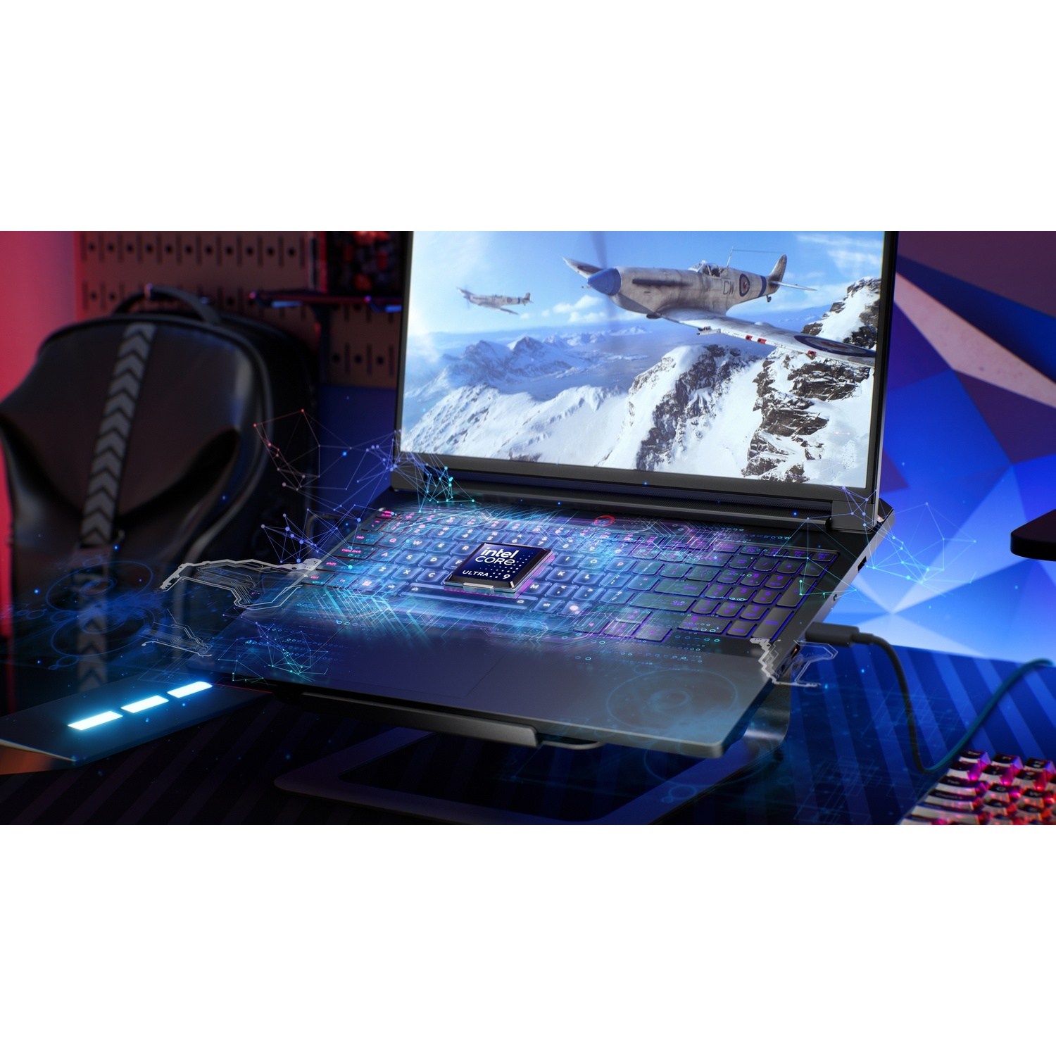 Un laptop mostra un aereo sopra montagne innevate. Luci al neon illuminano la tastiera.