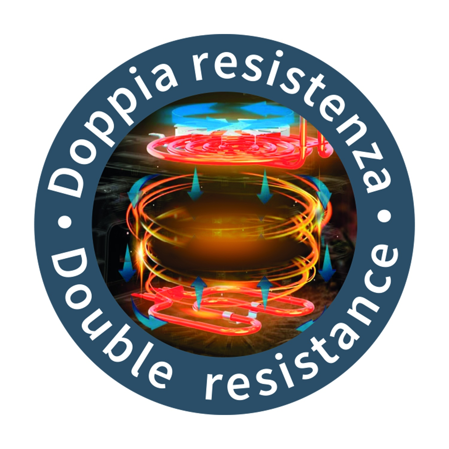Logo circolare con testo, che mostra una resistenza rossa.