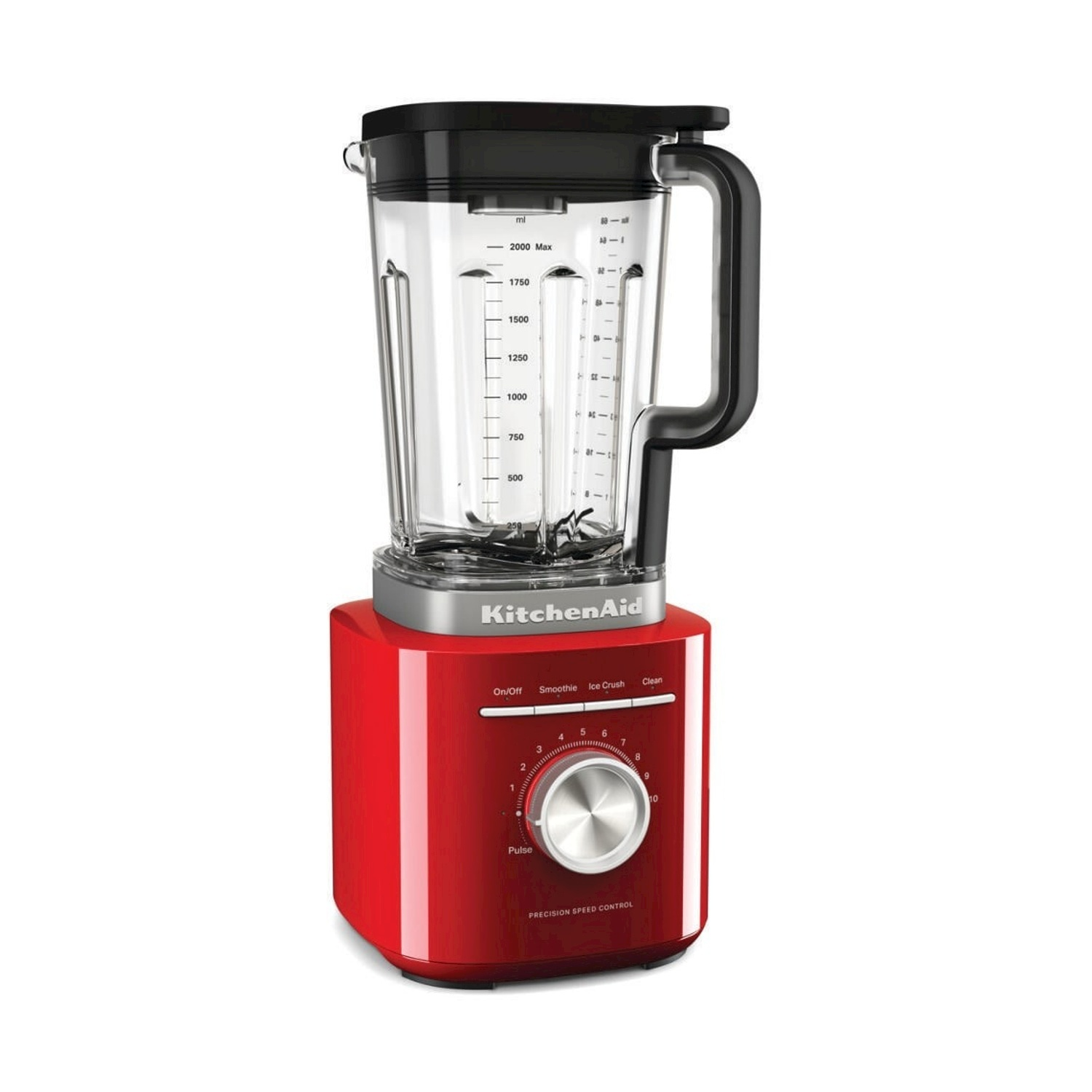 Un frullatore KitchenAid rosso con coperchio e manico neri. Ha una scala graduata.