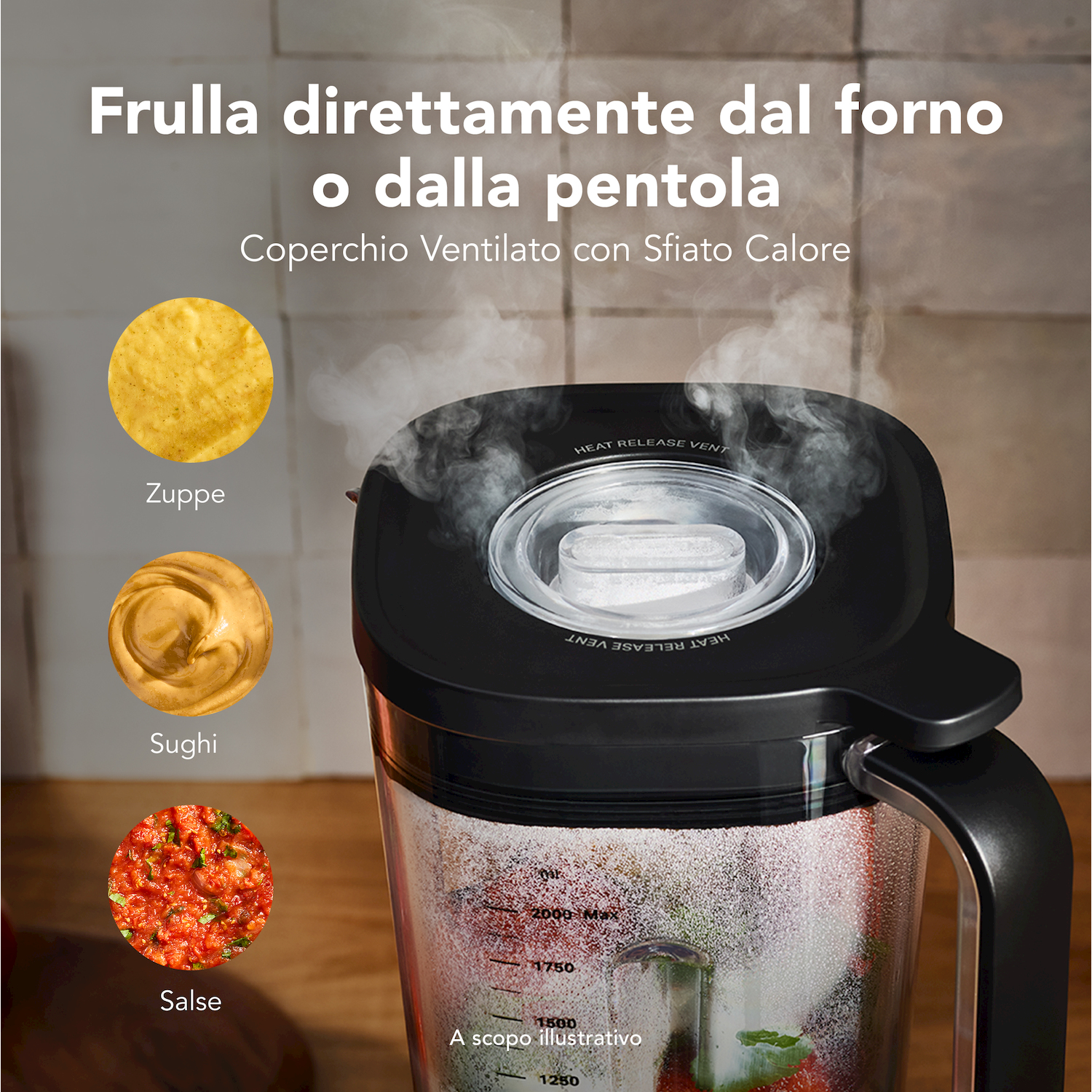 Un frullatore con coperchio fumante, accanto a immagini di zuppe, sughi e salse.