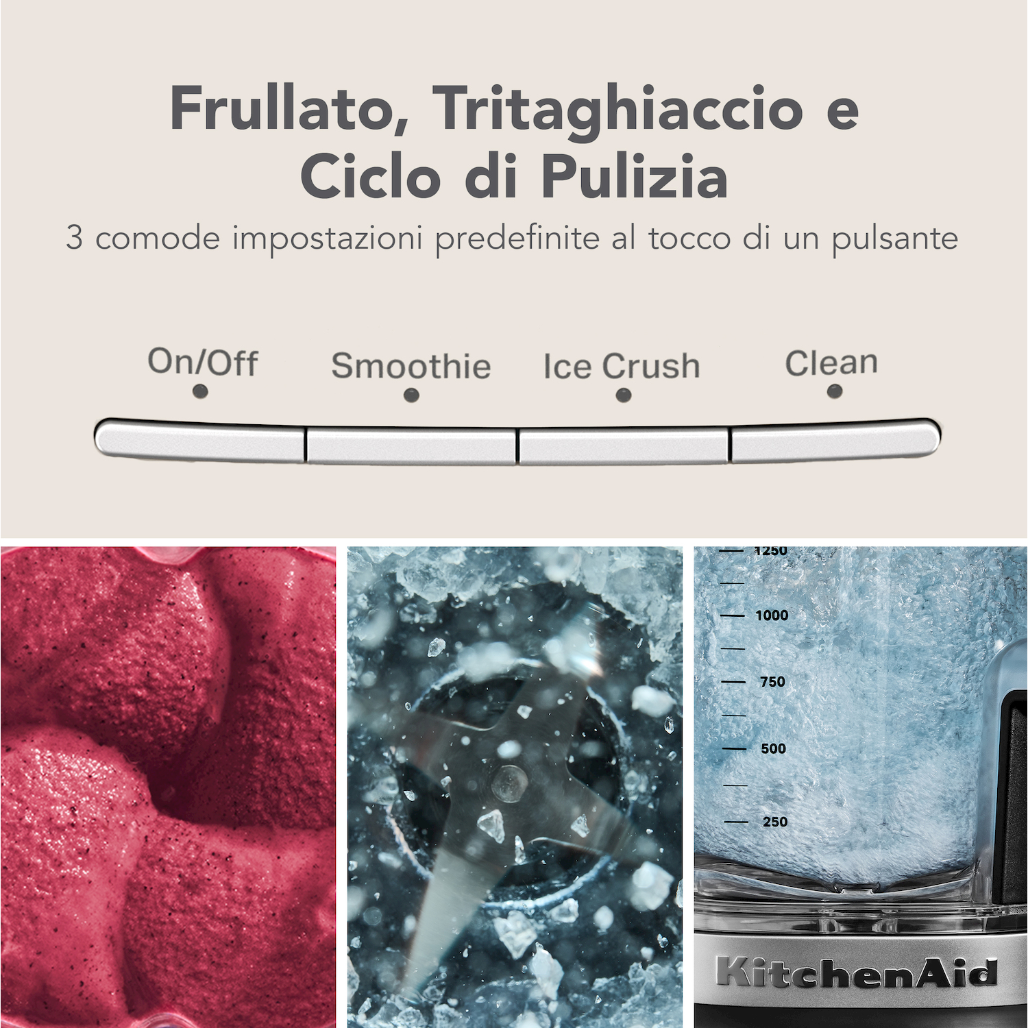 Un frullatore con tre modalità: Smoothie, Ice Crush e Clean. Primi piani ingredienti.