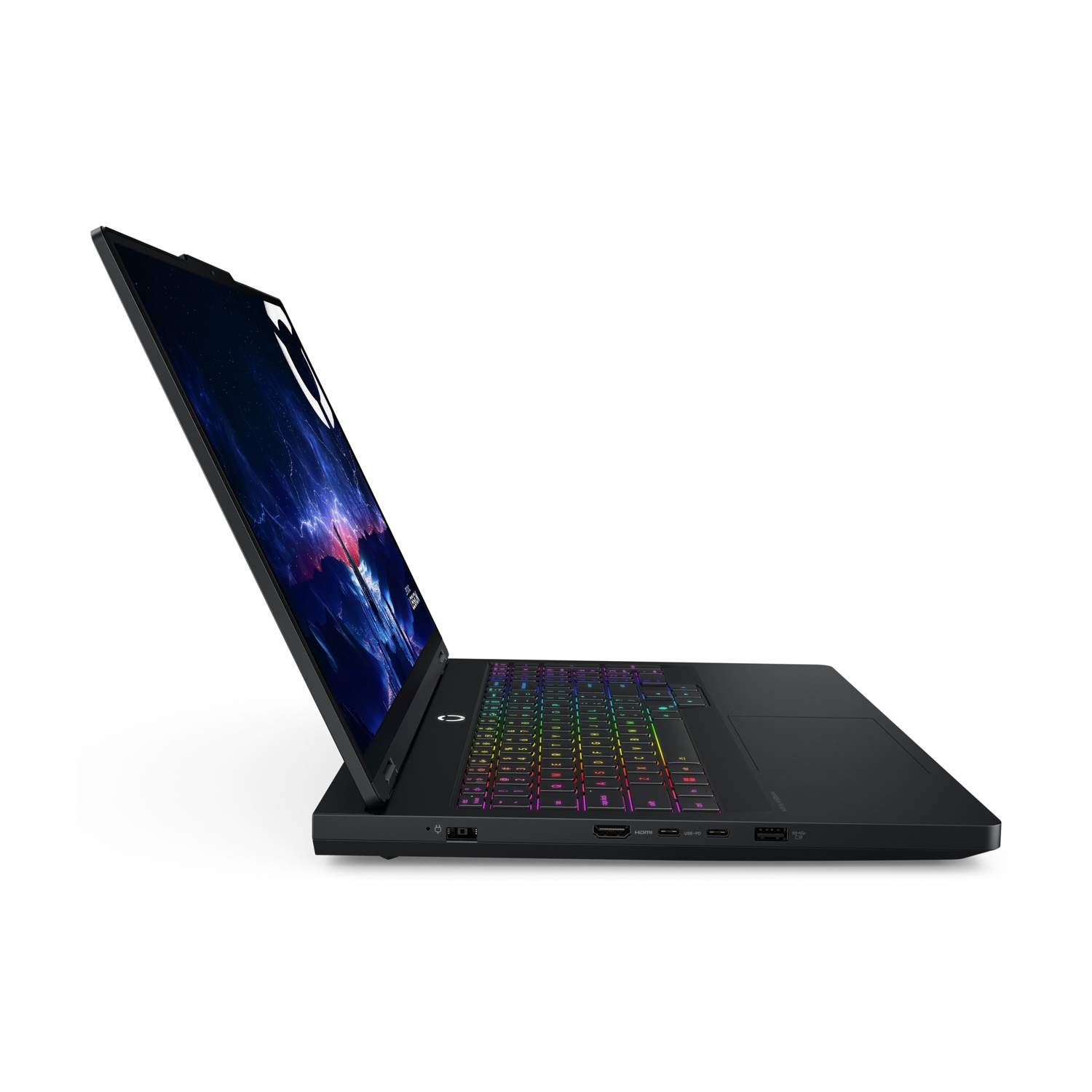 Un laptop nero con tastiera multicolore è aperto, con uno sfondo cosmico.