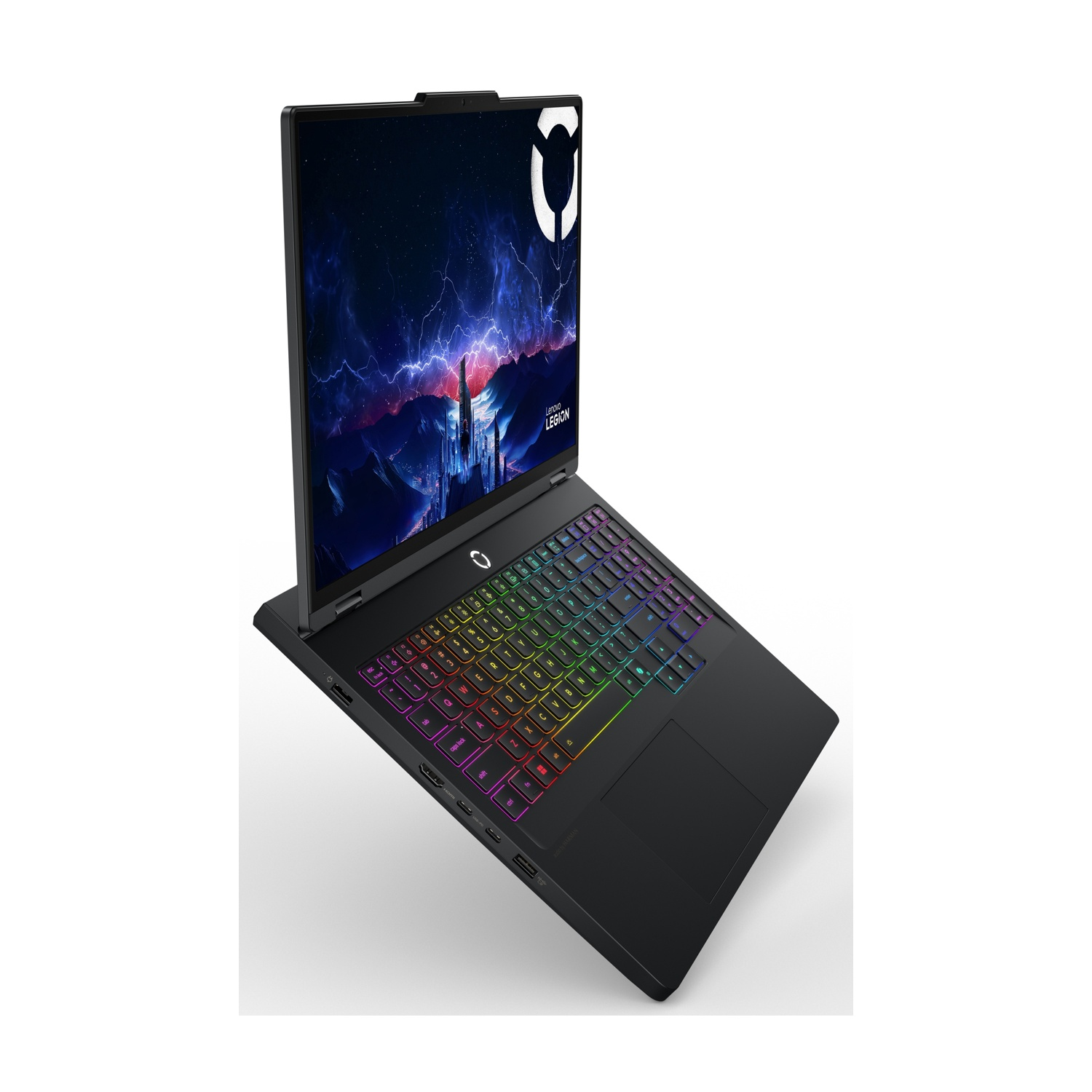 Un laptop nero aperto con tastiera retroilluminata e sfondo futuristico.
