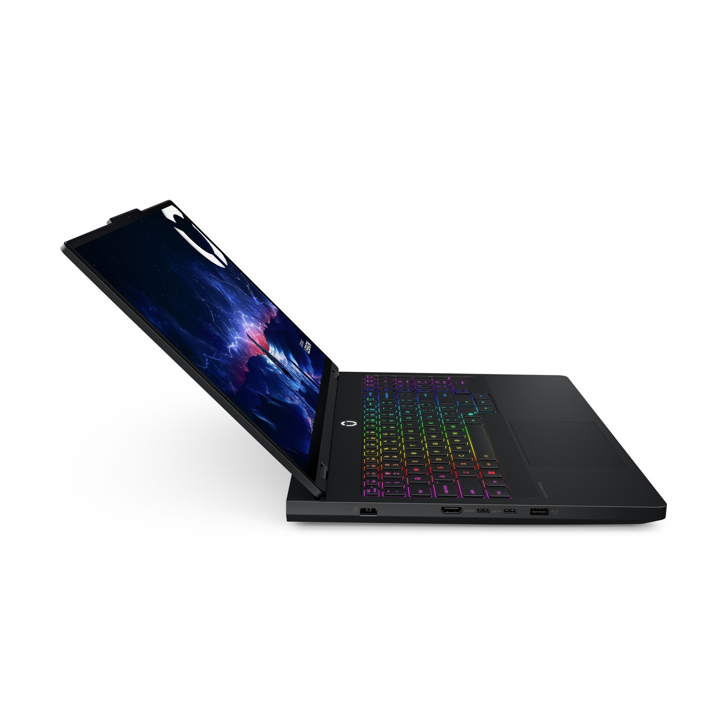 Laptop nero con tastiera RGB e sfondo cosmico.