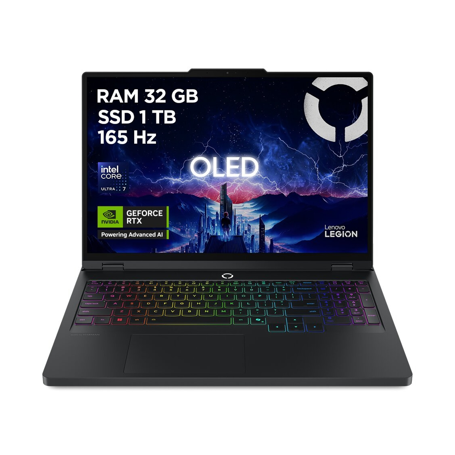 Laptop nero con tastiera illuminata, schermo OLED con grafica RTX.