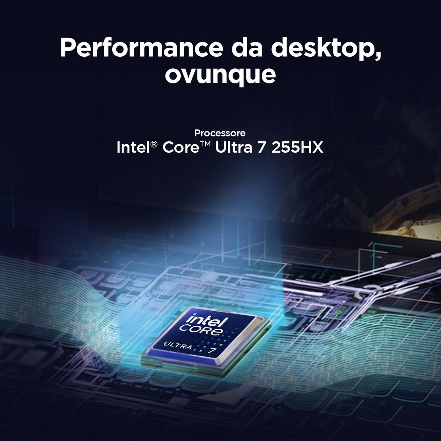 Processore Intel Core Ultra 7 su un circuito digitale con luci blu.