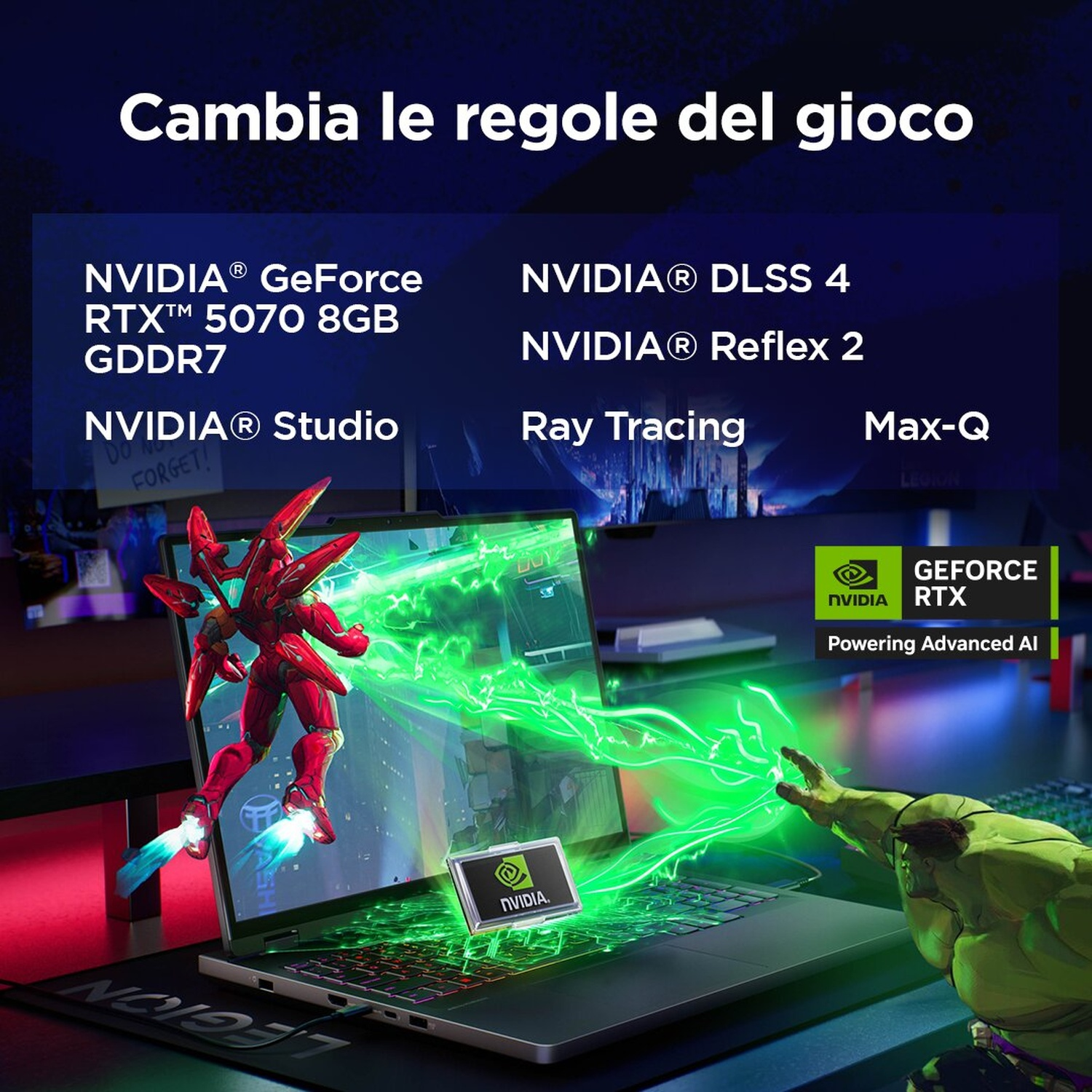 Un laptop con RTX 5070, effetti di luce verdi e una figura rossa.