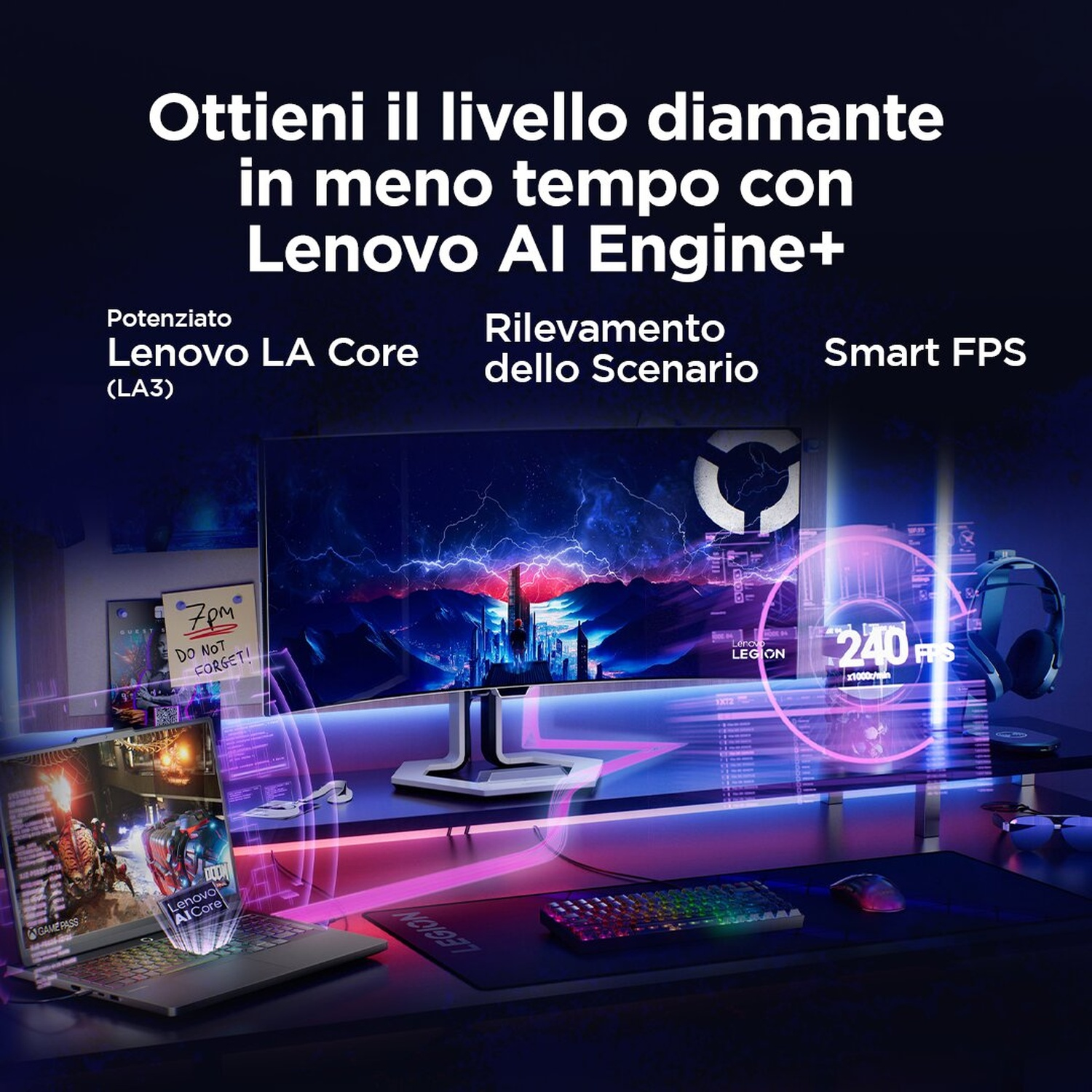 Configurazione Gaming Lenovo con laptop, monitor, tastiera, mouse, cuffie e luci al neon.