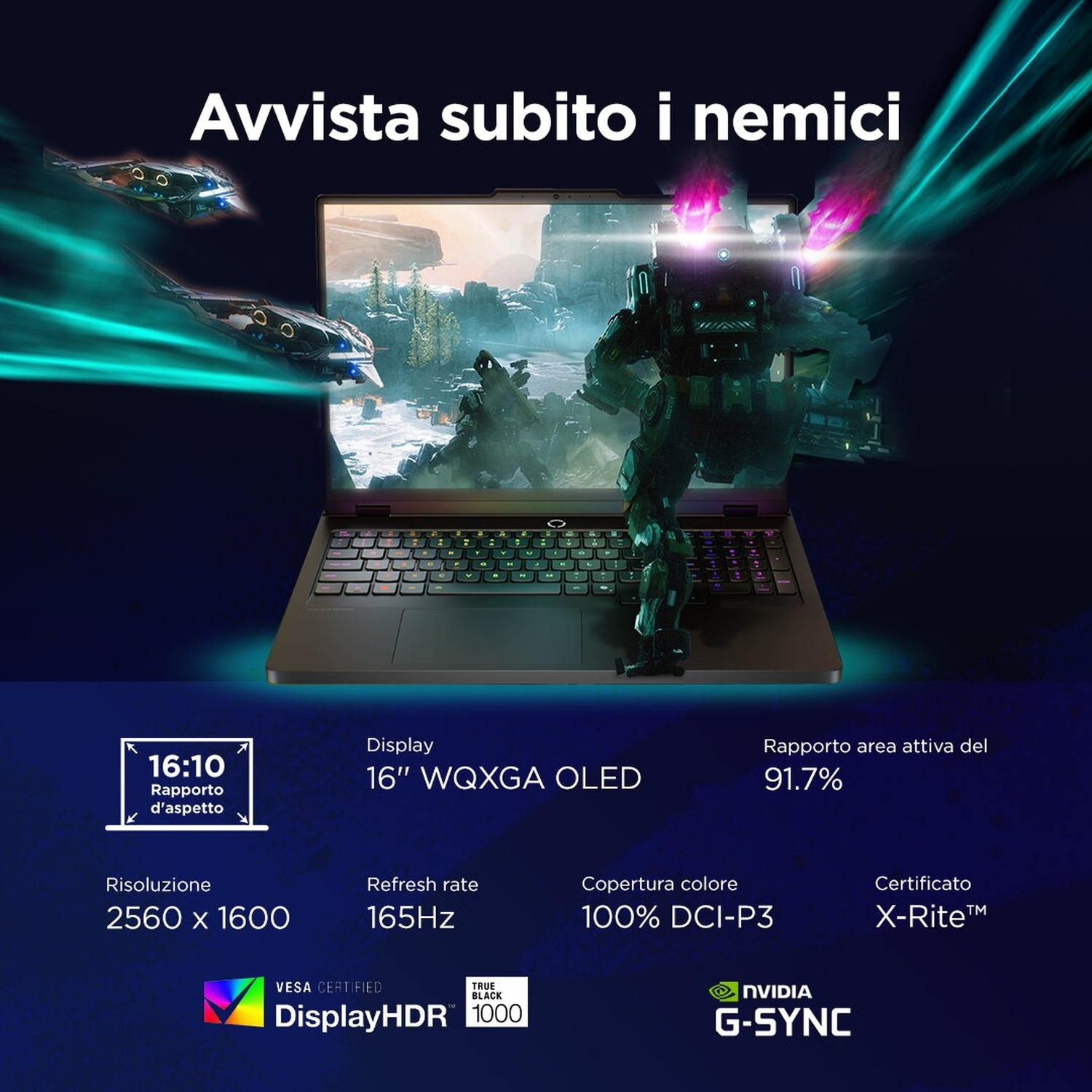Laptop da gioco con display OLED da 16" che mostra scena d'azione. Specifiche sotto.