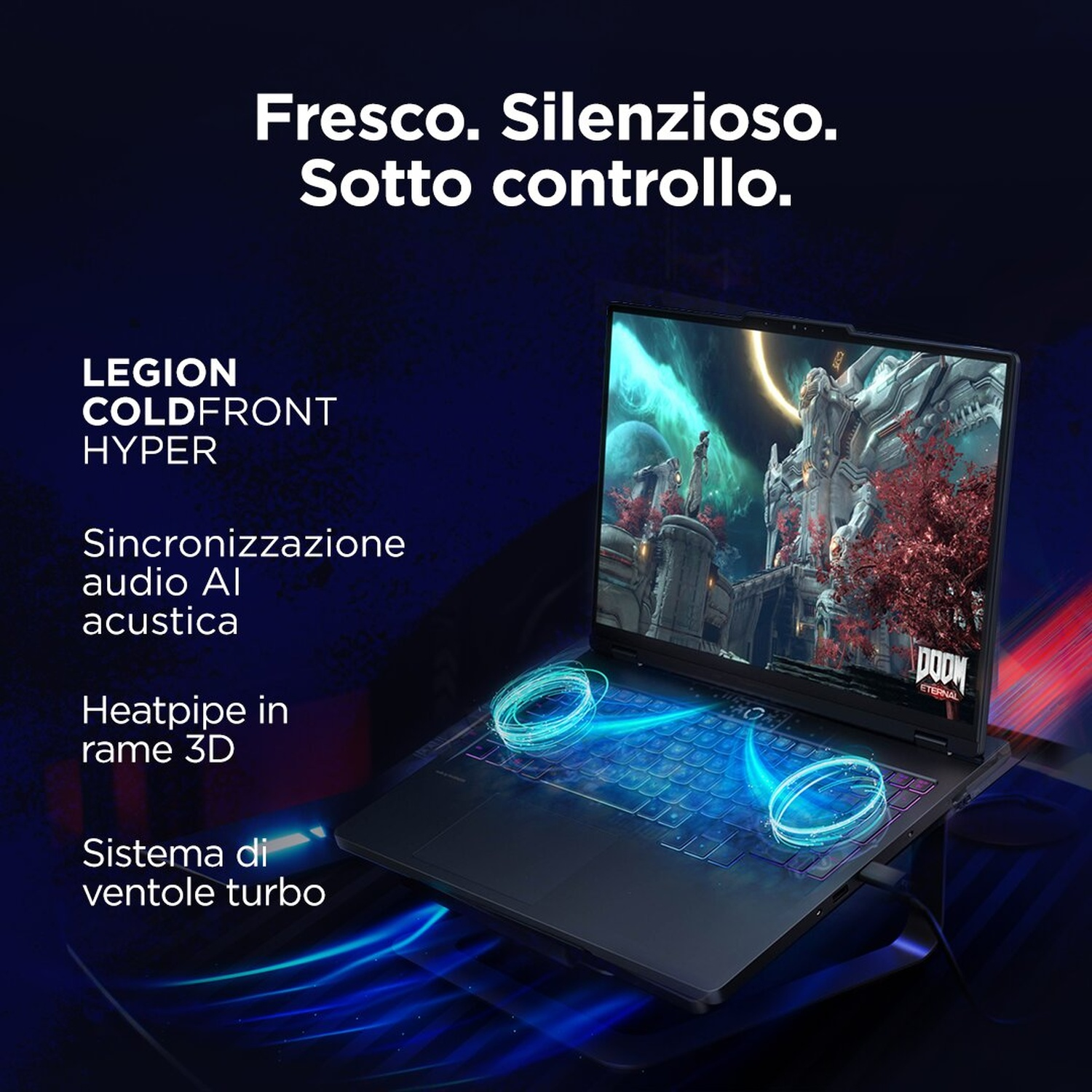 Un laptop da gaming aperto con tastiera illuminata blu e Doom Eternal sullo schermo.