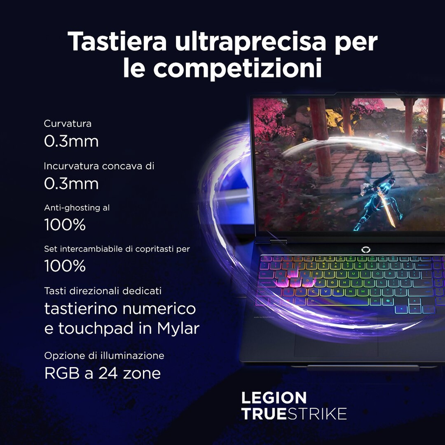 Un laptop con tastiera RGB mostra un gioco. Le specifiche sono elencate a sinistra.