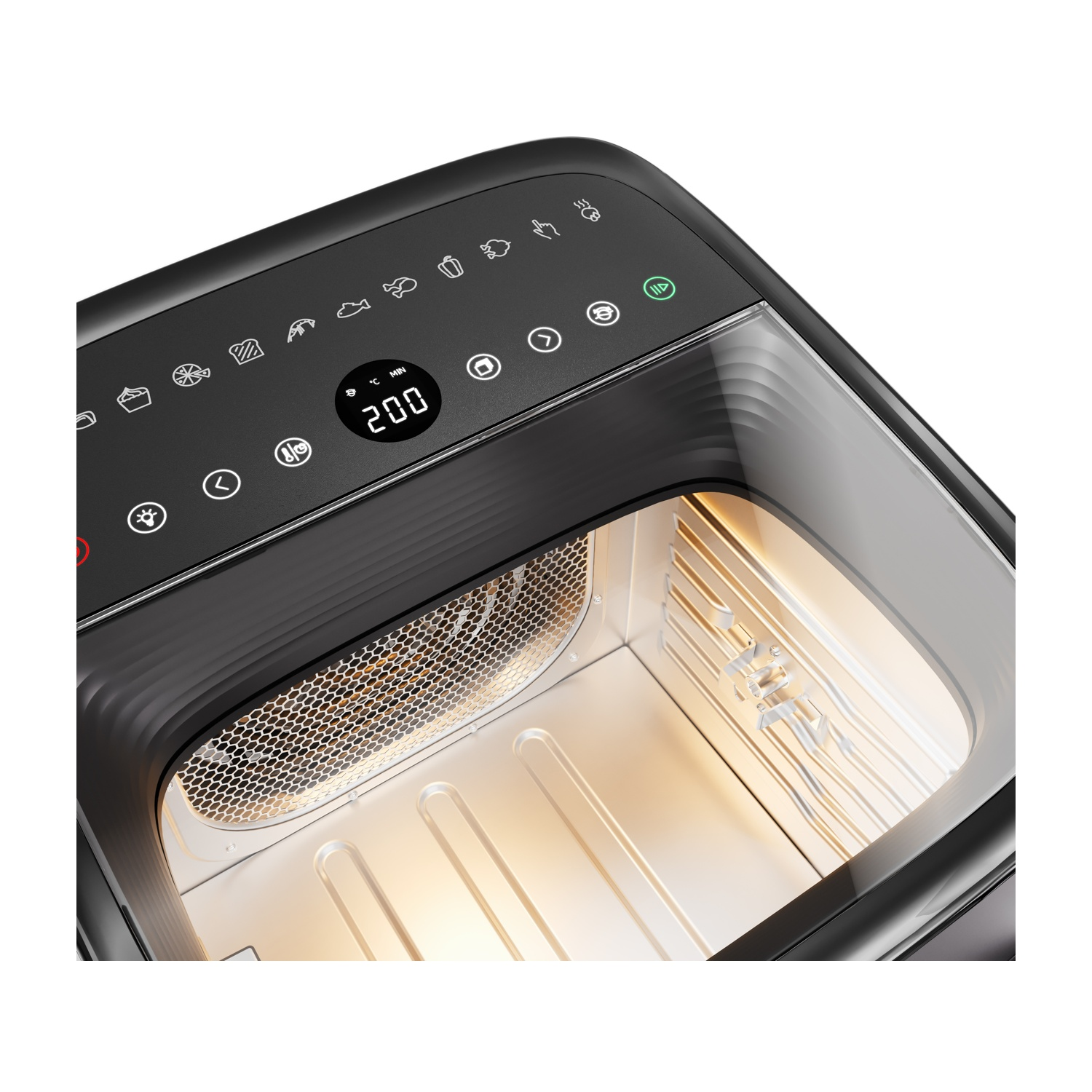 Primo piano del pannello di controllo di una friggitrice ad aria nera con display digitale e icone.