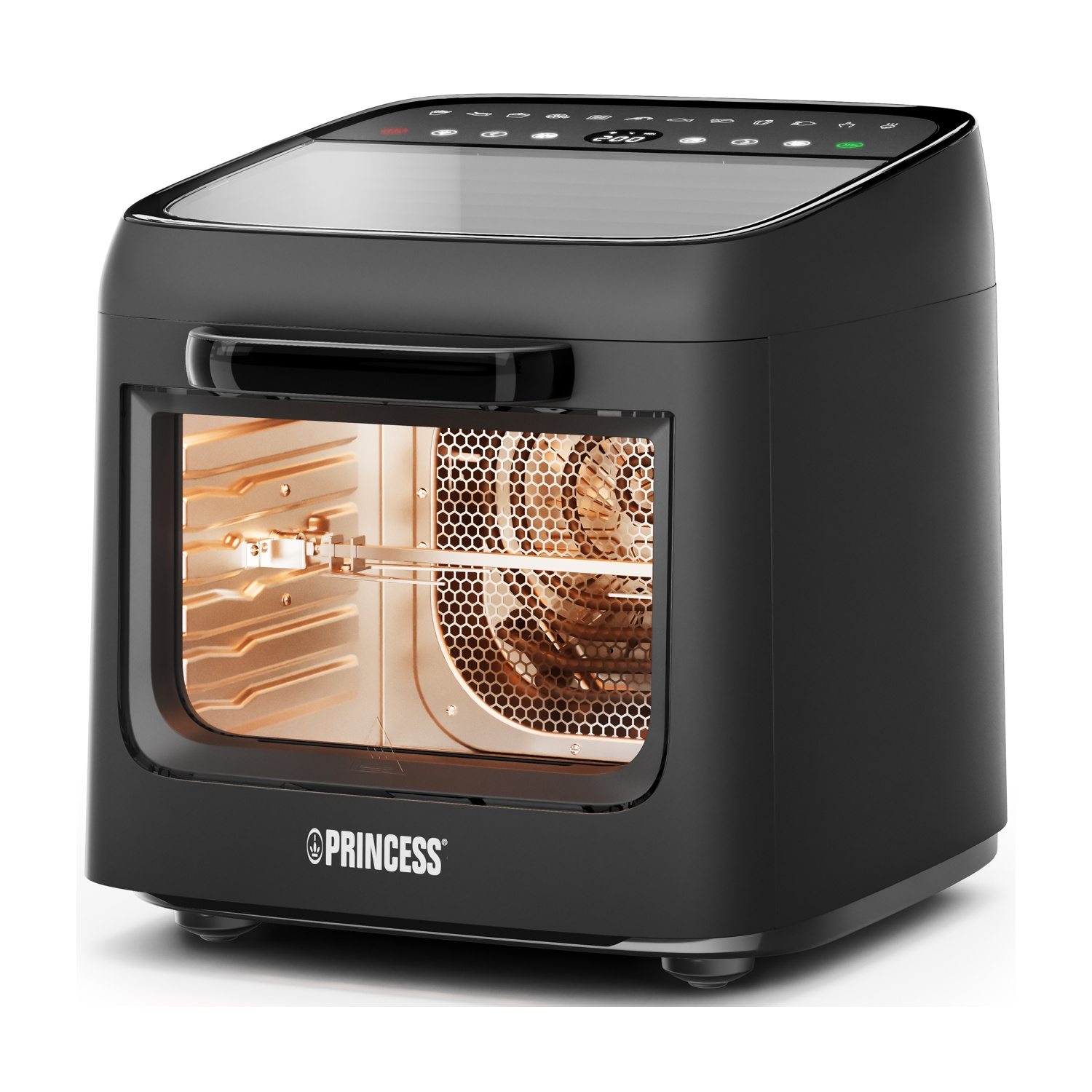 Forno friggitrice ad aria nero con display digitale e finestra trasparente.