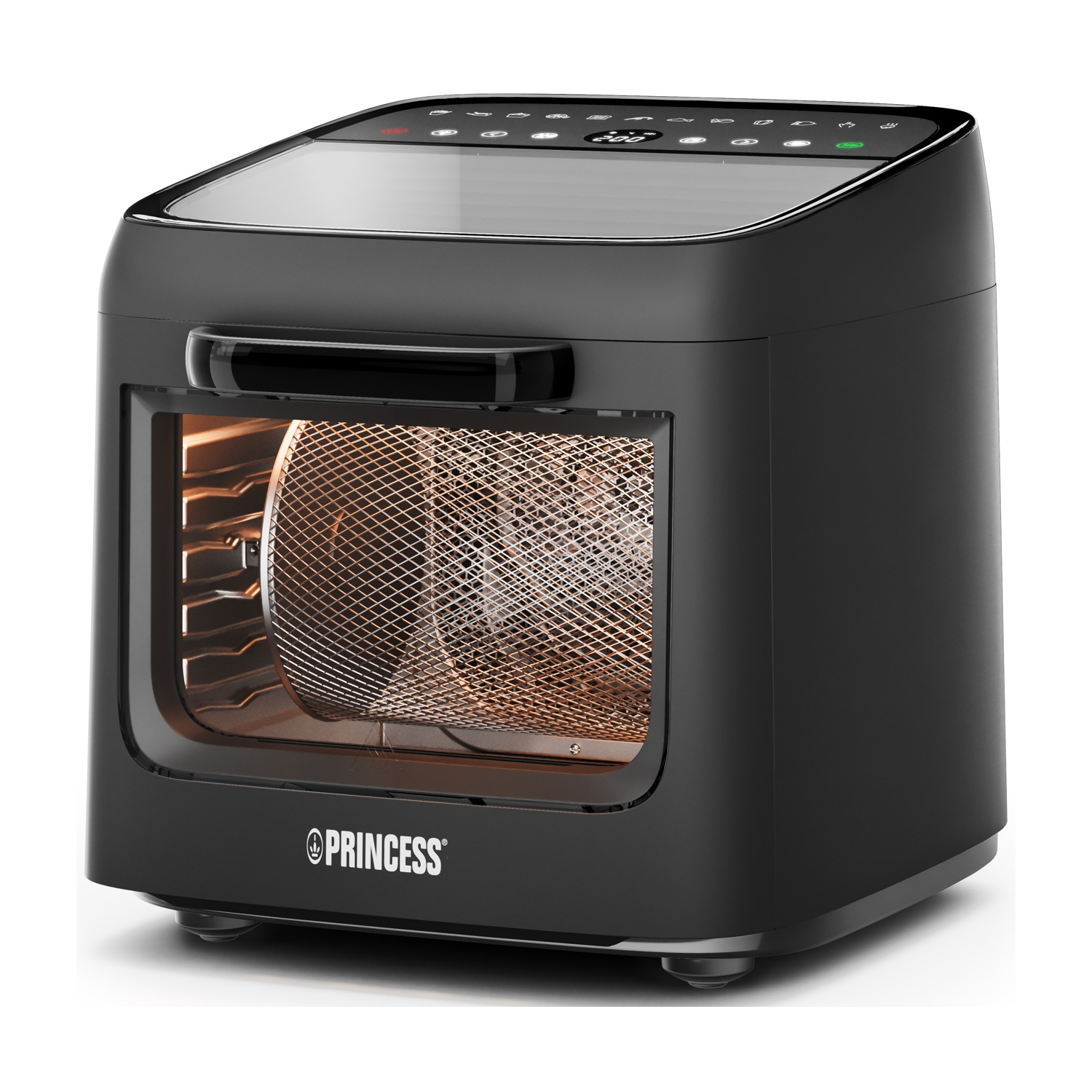 Forno friggitrice ad aria nero con porta in vetro e controlli digitali.