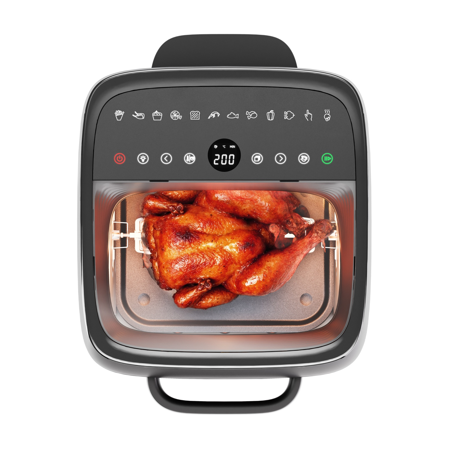 Un pollo arrosto dorato gira all'interno di una friggitrice ad aria moderna con display digitale.