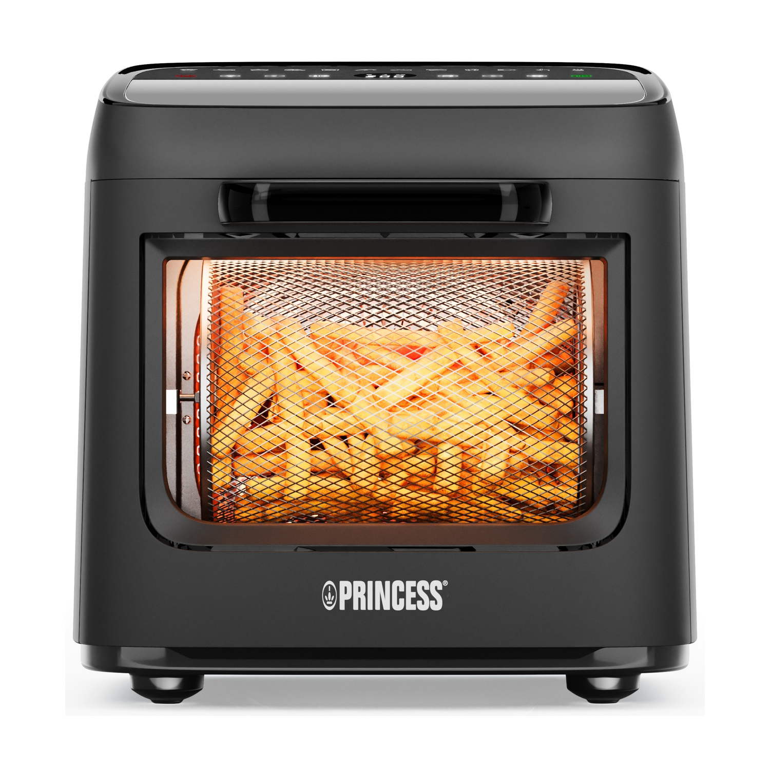 Forno friggitrice ad aria nero con cestello pieno di patatine fritte.