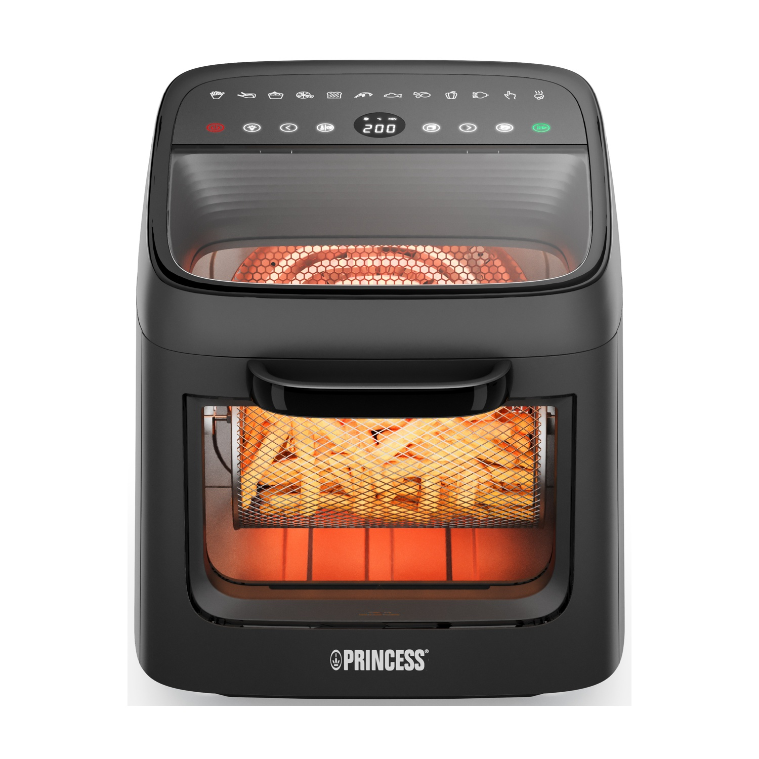 Forno friggitrice ad aria nero con cestello di patatine fritte e elemento riscaldante visibile.