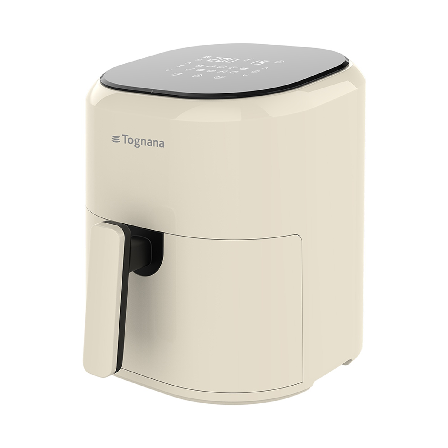 Una friggitrice ad aria color crema con display digitale e manico argentato.