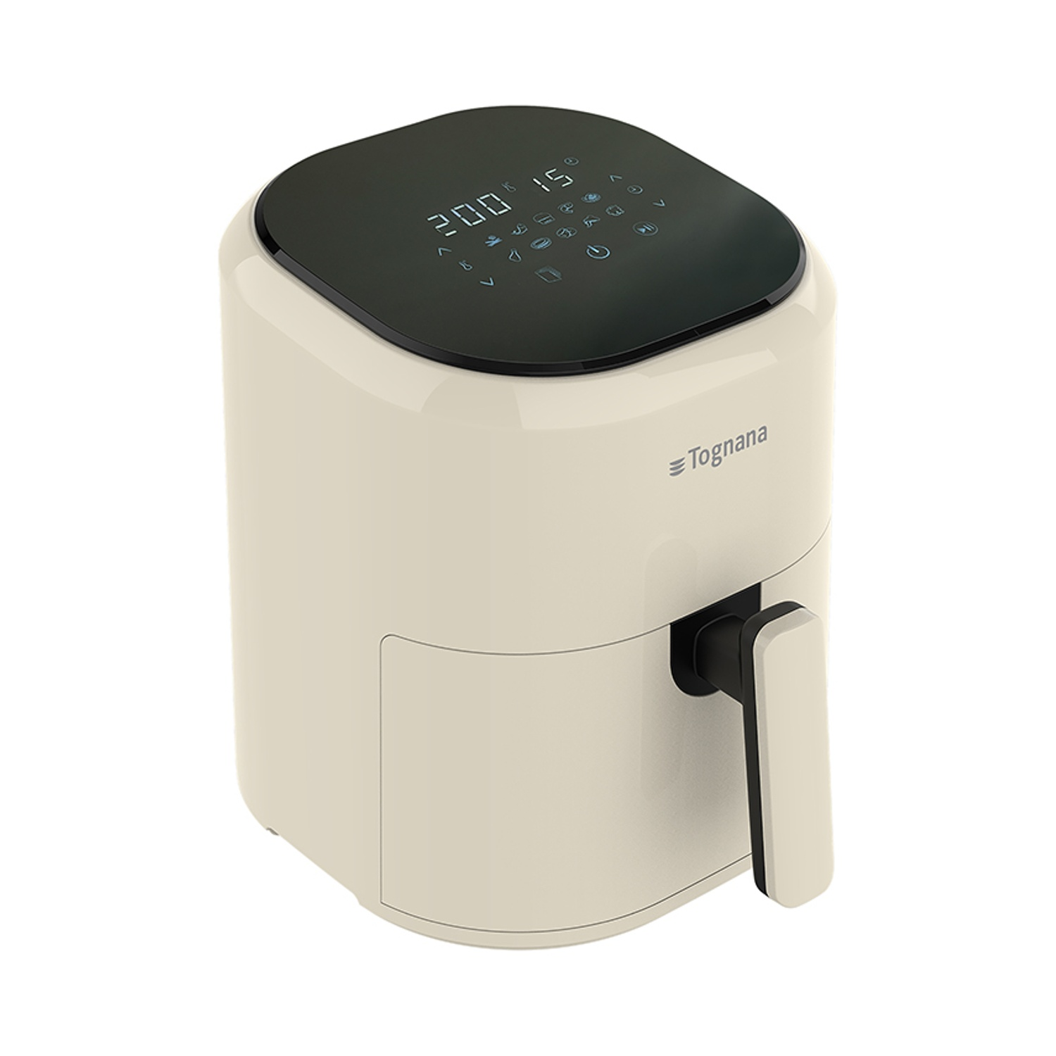 Una friggitrice ad aria color crema con display digitale e manico neri.