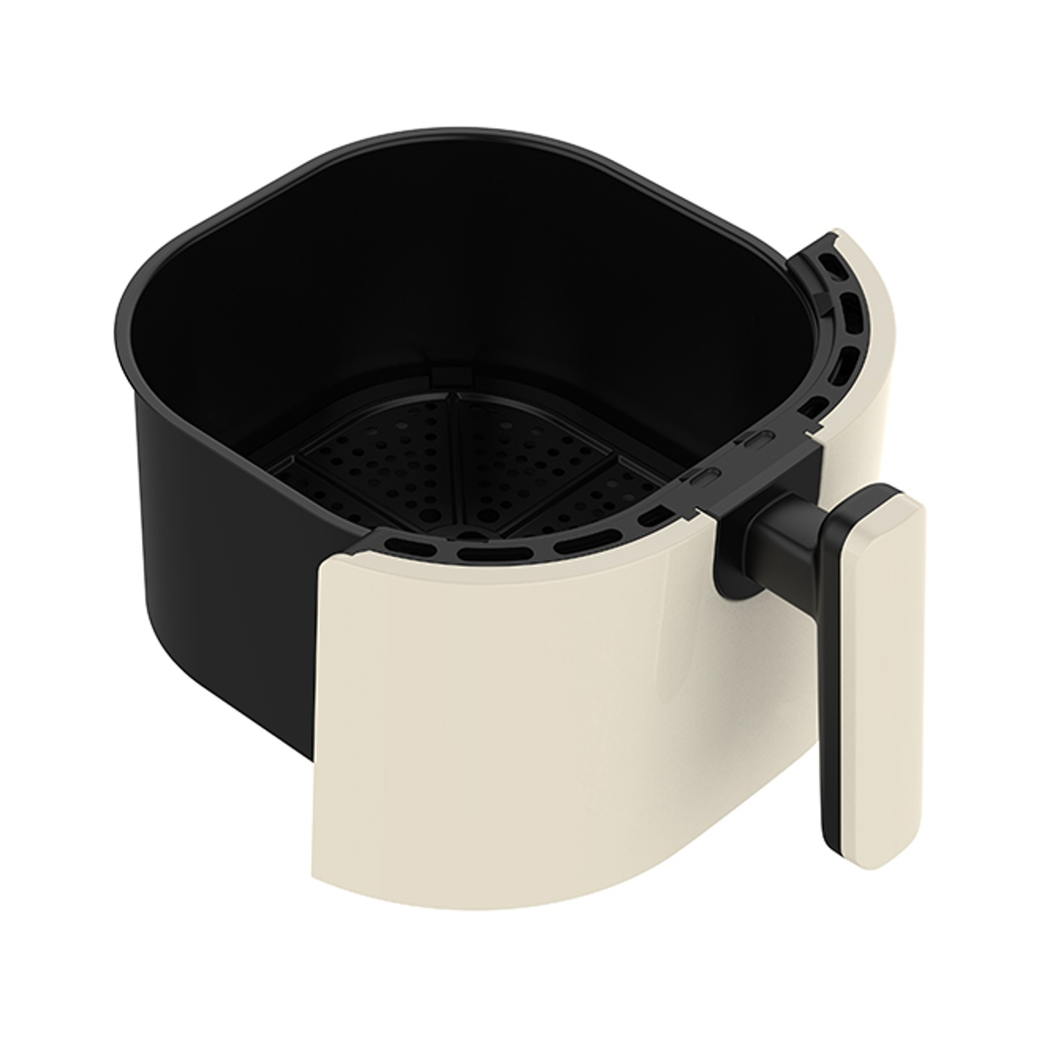 Un cestello per friggitrice ad aria color crema con inserto e manico neri.