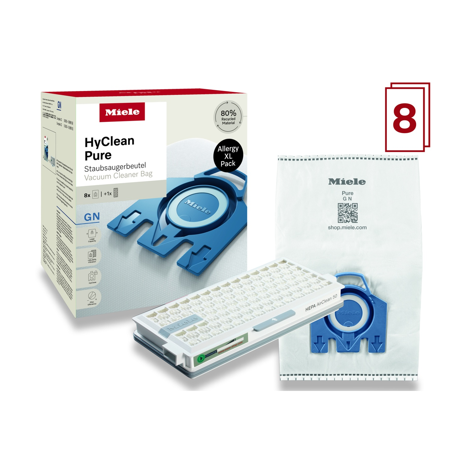 Sacchetti aspirapolvere Miele HyClean Pure con filtro HEPA e 8+1 sacchetti.