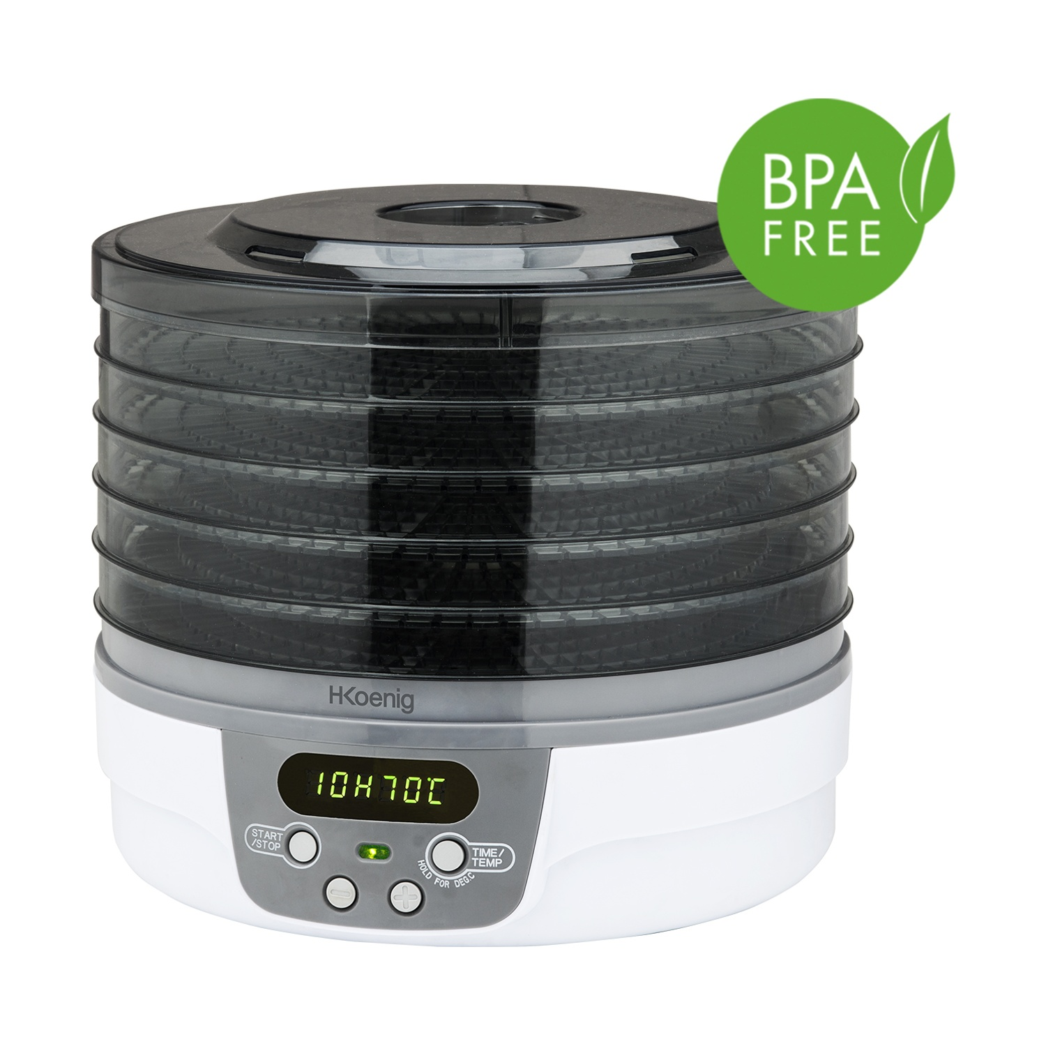Un essiccatore alimentare bianco con cinque vassoi trasparenti e adesivo BPA free.
