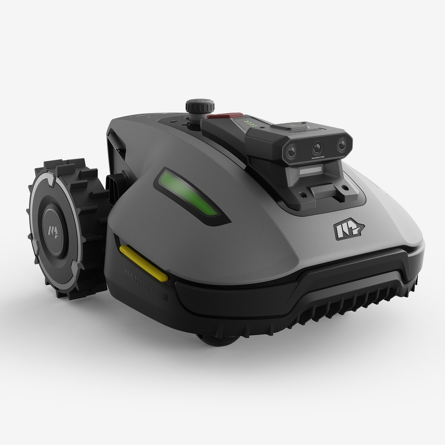 Tosaerba robotizzato grigio con parte superiore nera, telecamere e una ruota.
