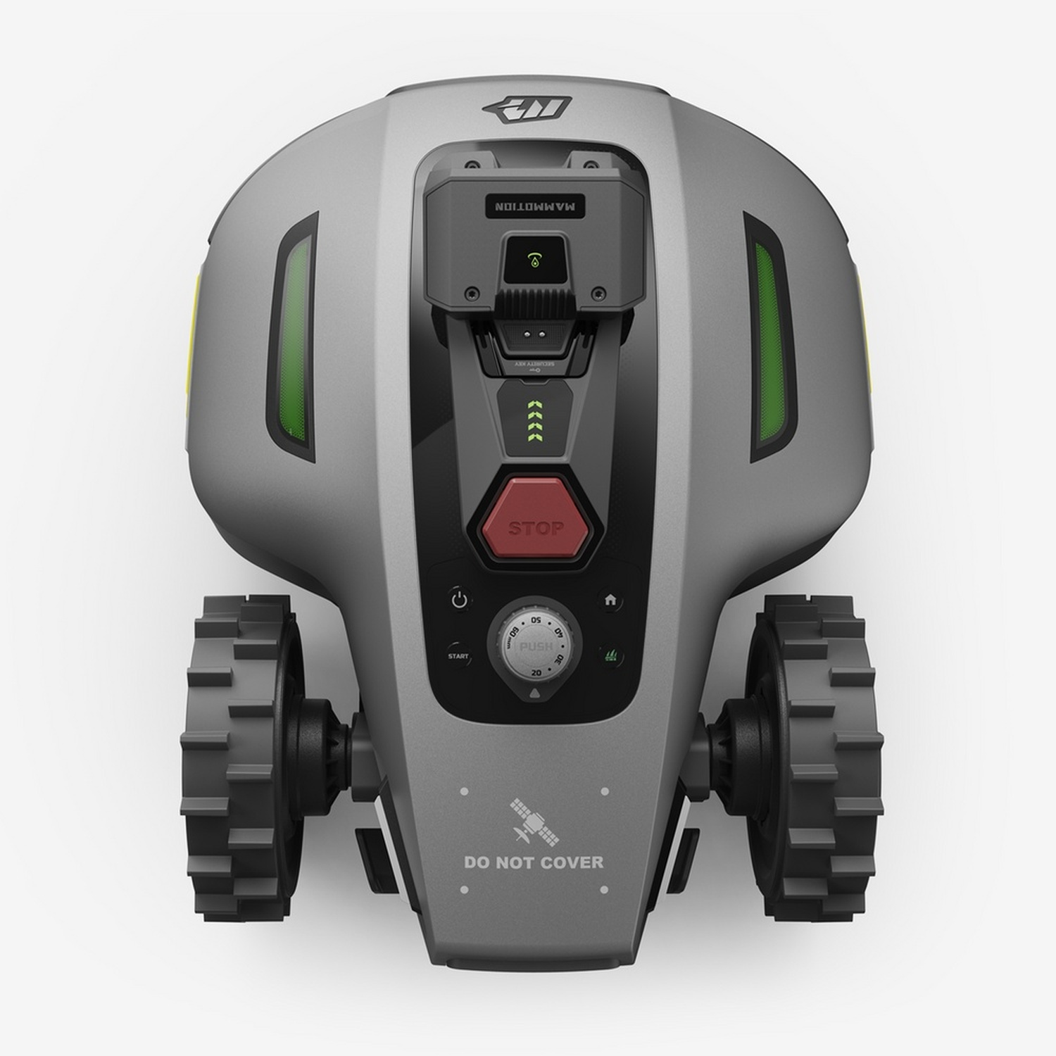 Tosaerba robotizzato grigio con due ruote, accenti verdi e pulsante rosso stop.
